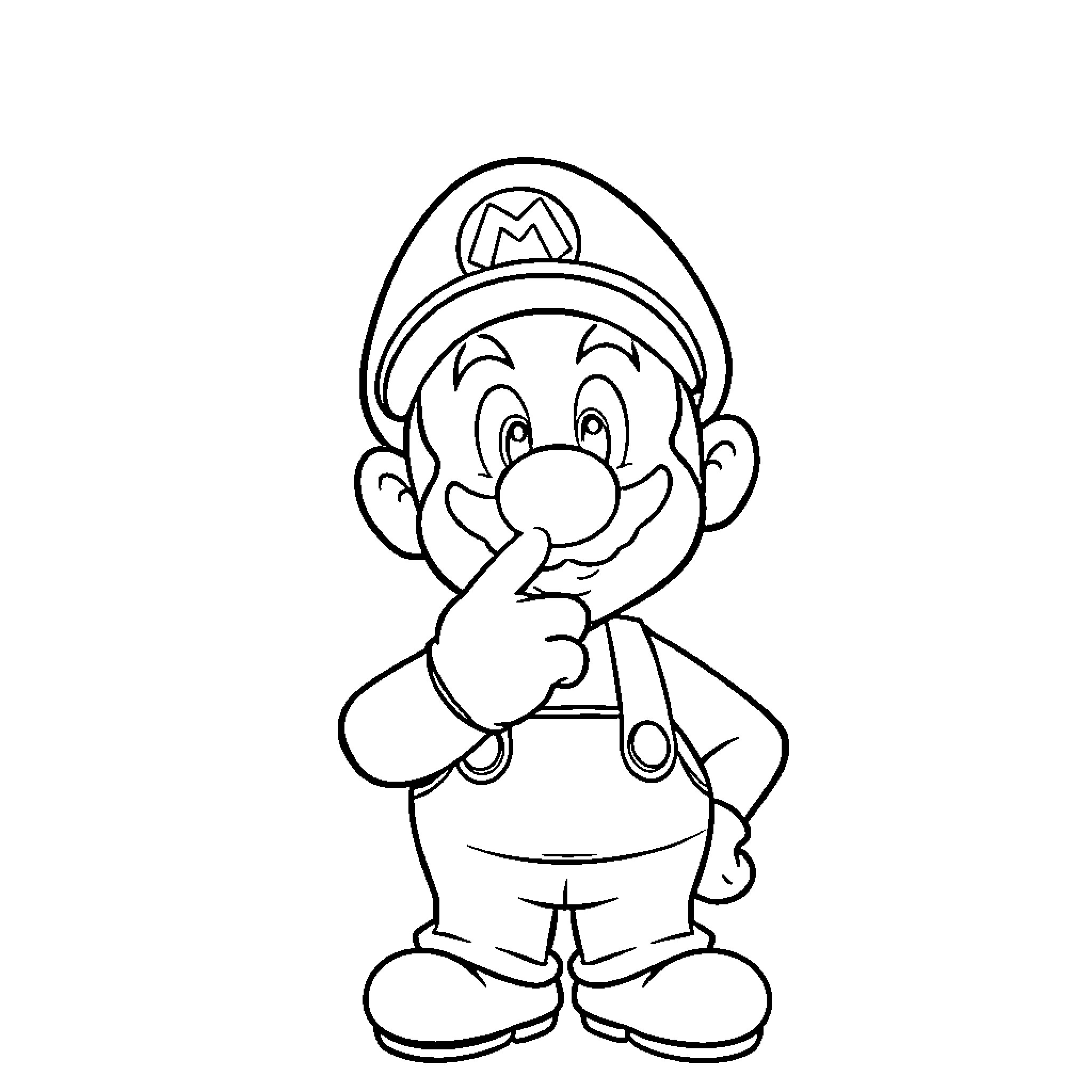 Mario the plumber with a mischievous grin Coloring Page (free black-and-white line drawing printable PDF for all, from beginners to advanced learners, including children, teens, adults, and seniors)