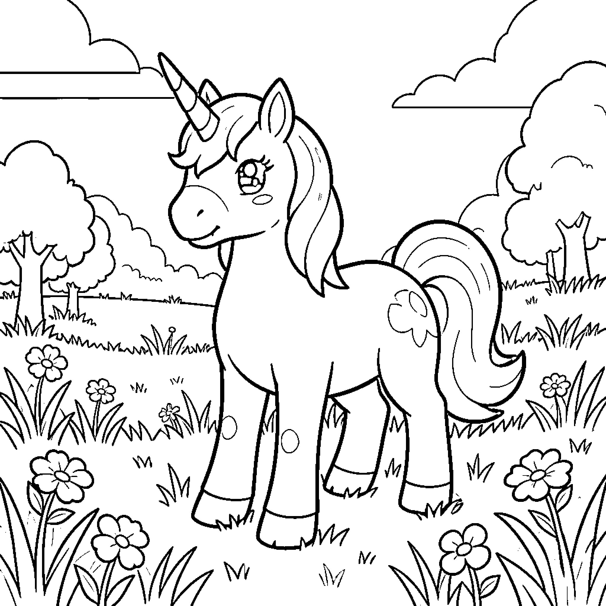 Unicorn enjoying nature's beauty in a lush field Coloring Page (free black-and-white line drawing printable PDF for all, from beginners to advanced learners, including children, teens, adults, and seniors)
