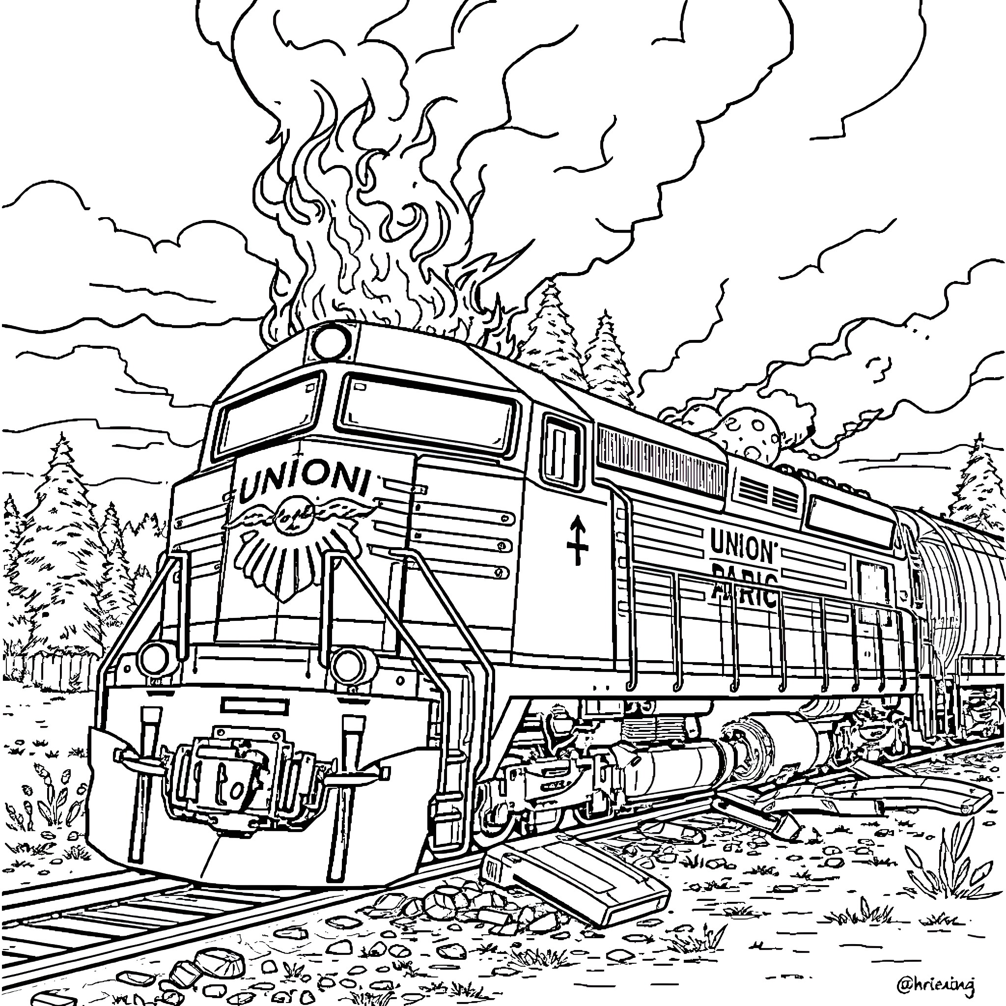 Train traveling through snowy landscape Coloring Page (free black-and-white line drawing printable PDF for all, from beginners to advanced learners, including children, teens, adults, and seniors)