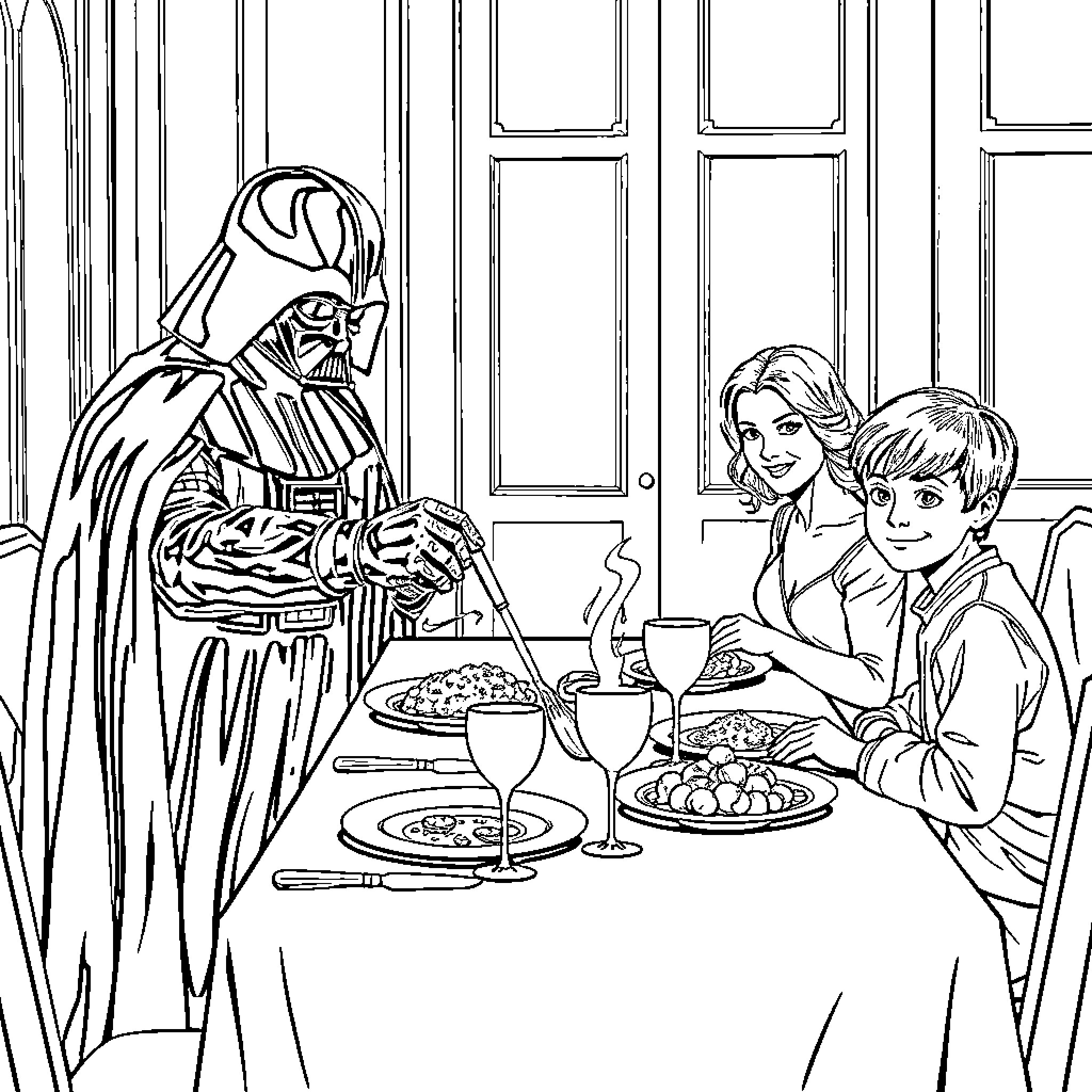 Darth Vader Sharing a Meal with a Family Coloring Page (free black-and-white line drawing printable PDF for all, from beginners to advanced learners, including children, teens, adults, and seniors)