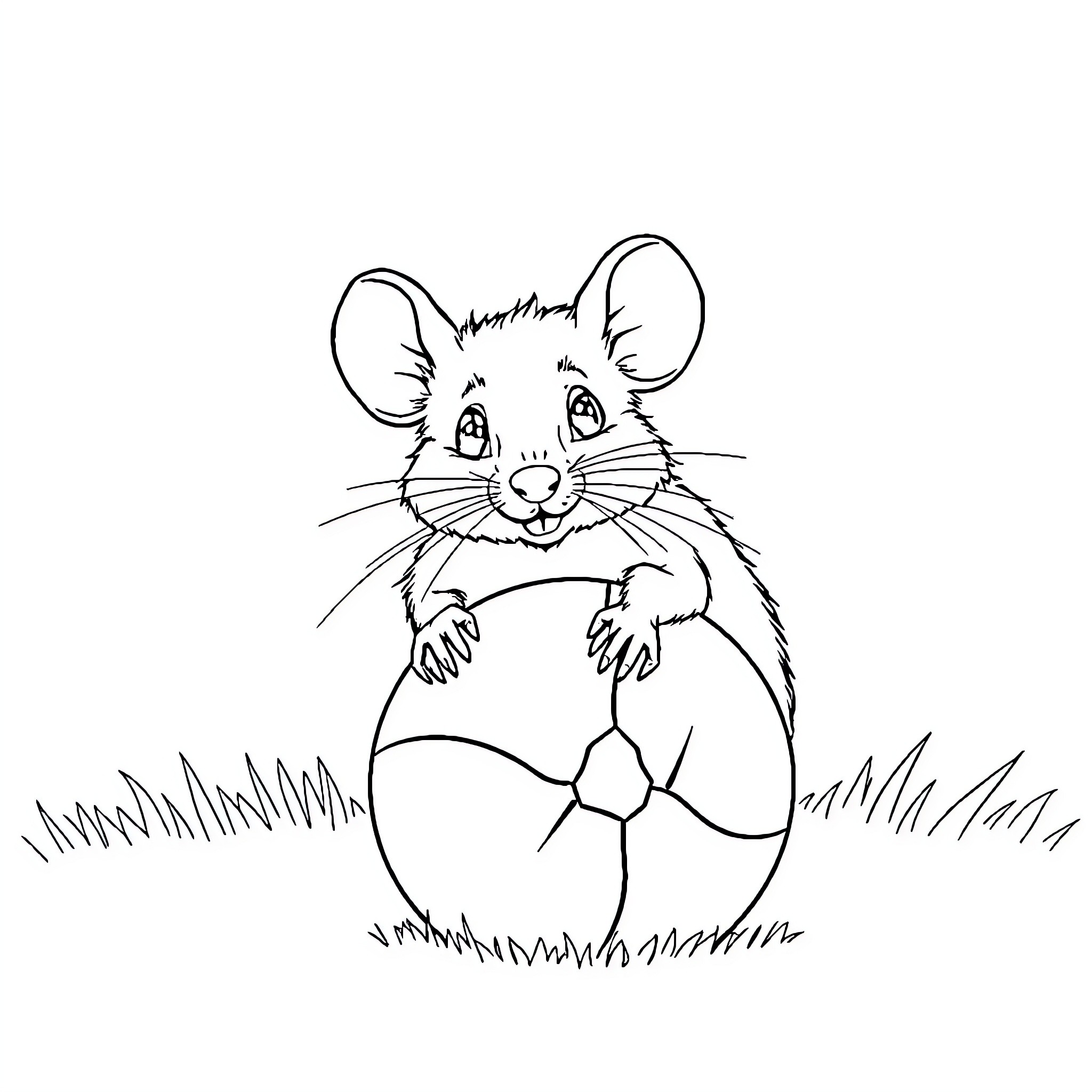 Mouse playing with a ball in the grass Coloring Page (free black-and-white line drawing printable PDF for all, from beginners to advanced learners, including children, teens, adults, and seniors)