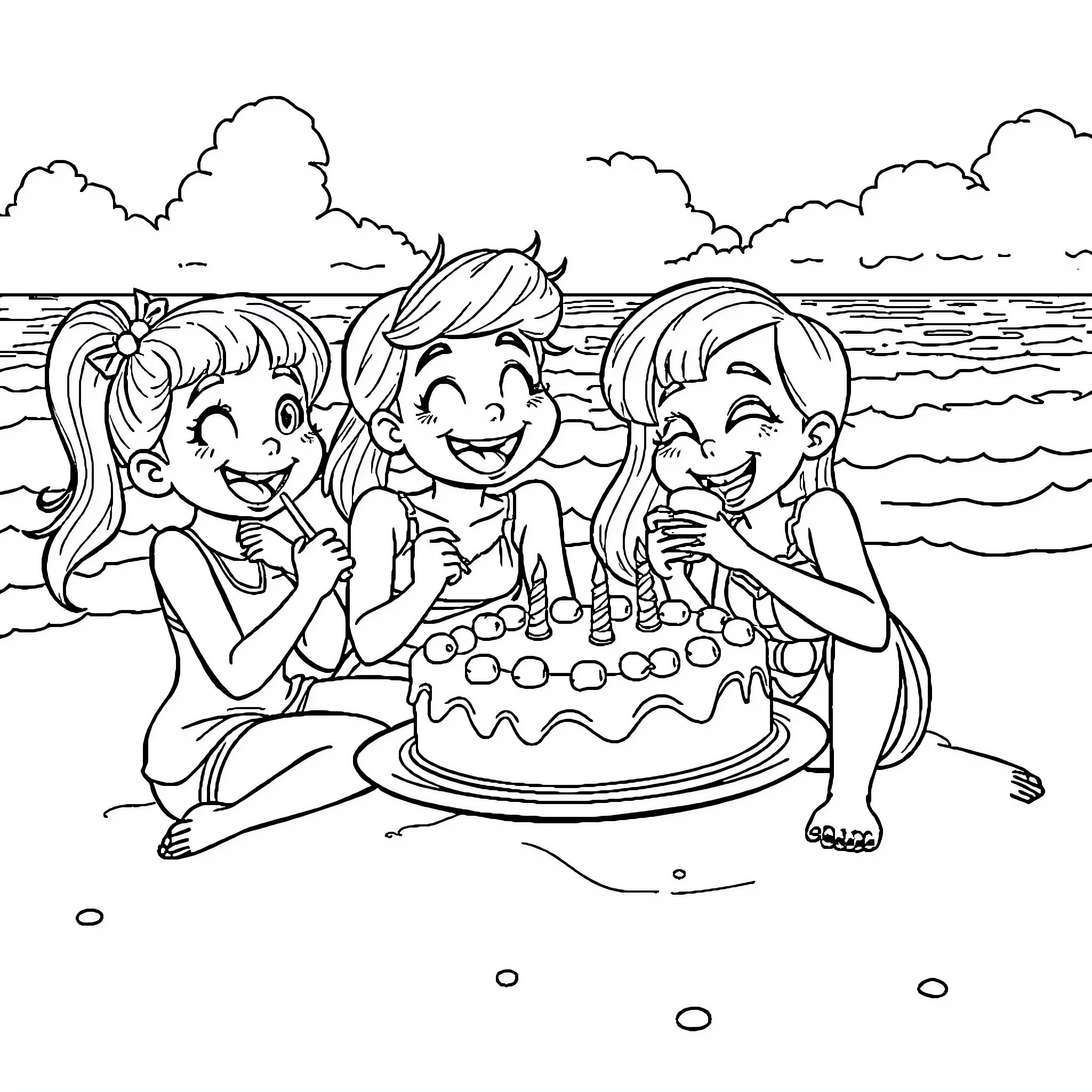 Dandy Girls Celebrate by the Beach Coloring Page (free black-and-white line drawing printable PDF for all, from beginners to advanced learners, including children, teens, adults, and seniors)