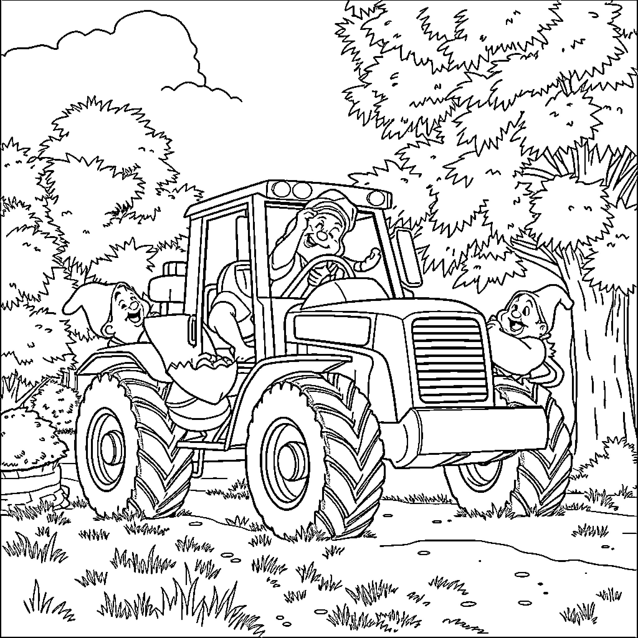 Dwarf farmers operating tractor in field Coloring Page (free black-and-white line drawing printable PDF for all, from beginners to advanced learners, including children, teens, adults, and seniors)