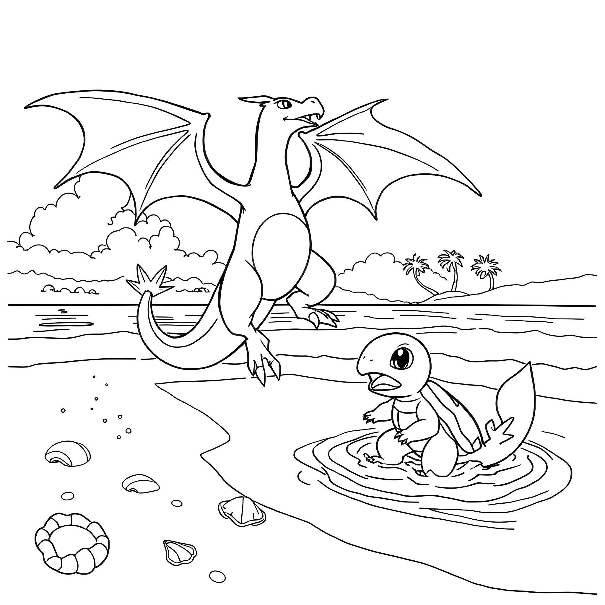 Charizard and a companion dragon exploring the tropical beach Coloring Page (free black-and-white line drawing printable PDF for all, from beginners to advanced learners, including children, teens, adults, and seniors)