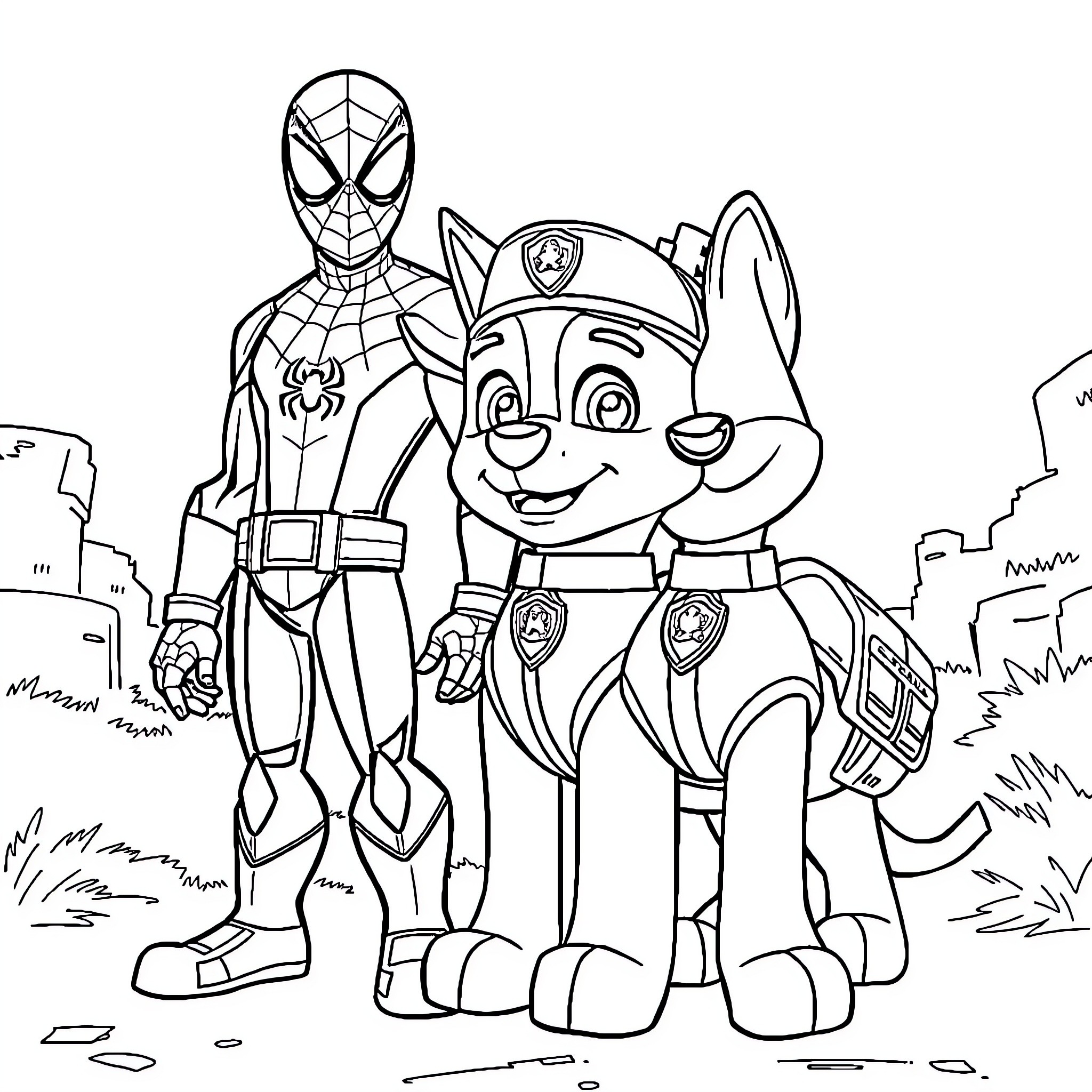 Paw Patrol hero helps Spider-Man save the day Coloring Page (free black-and-white line drawing printable PDF for all, from beginners to advanced learners, including children, teens, adults, and seniors)