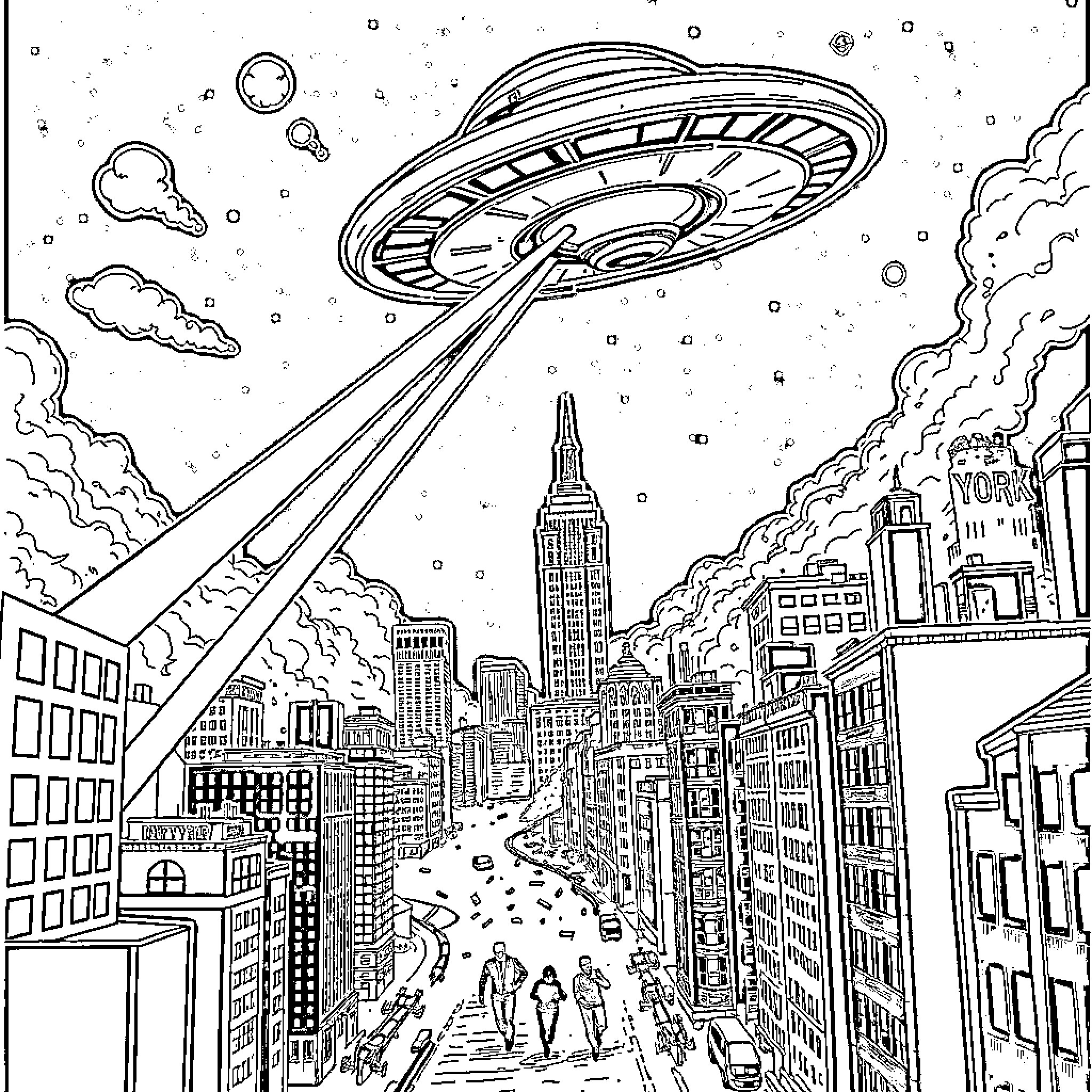 UFO Spacecraft Hovering Over City Skyline Coloring Page (free black-and-white line drawing printable PDF for all, from beginners to advanced learners, including children, teens, adults, and seniors)
