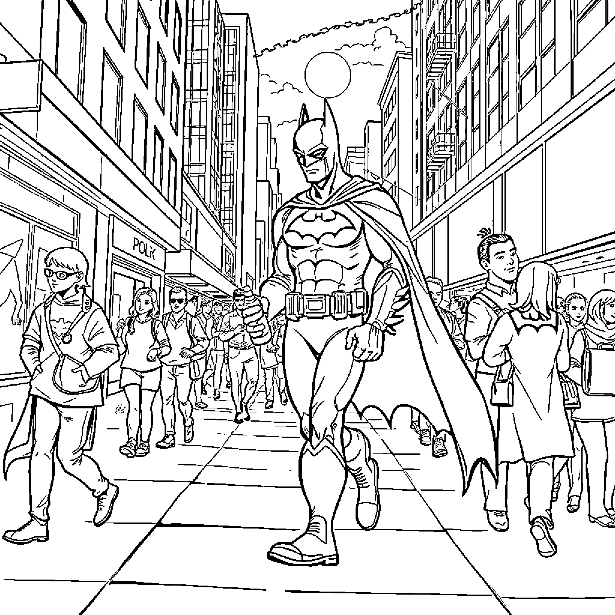 Batman Patrolling the City Streets Coloring Page (free black-and-white line drawing printable PDF for all, from beginners to advanced learners, including children, teens, adults, and seniors)