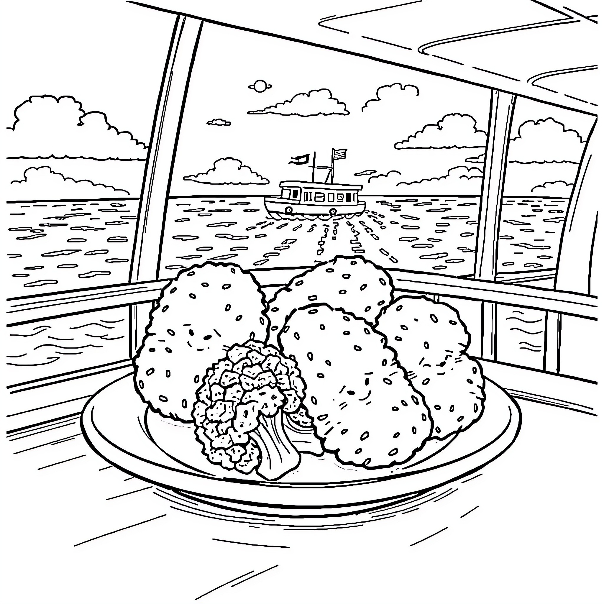 Chicken Nugget Feast Overlooking the Sea Coloring Page (free black-and-white line drawing printable PDF for all, from beginners to advanced learners, including children, teens, adults, and seniors)
