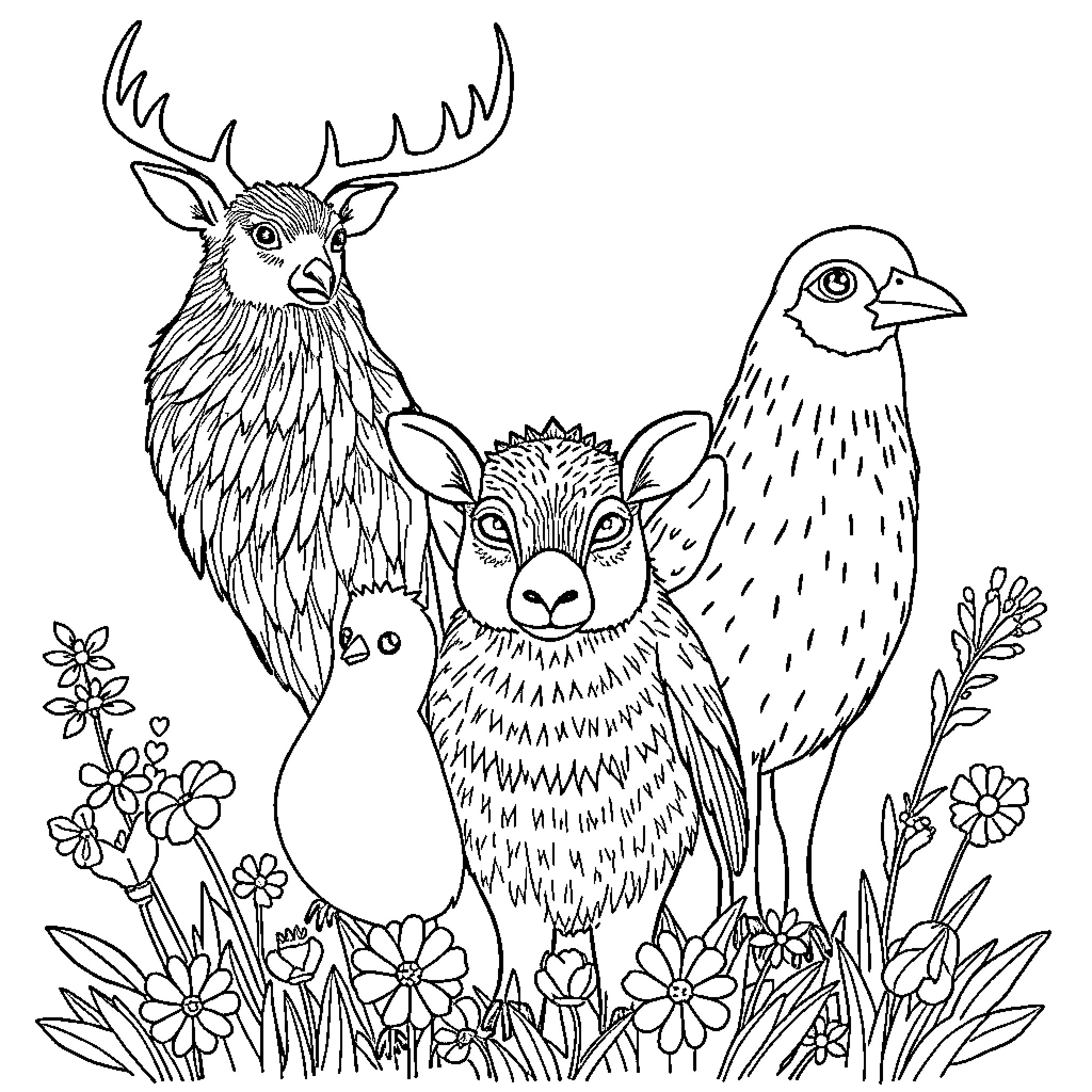 Farm Animal Gathering in Floral Field Coloring Page (free black-and-white line drawing printable PDF for all, from beginners to advanced learners, including children, teens, adults, and seniors)