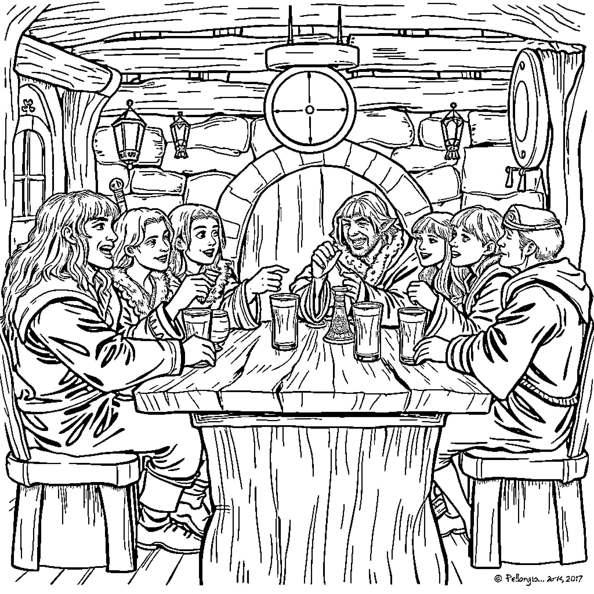 Fellowship of adventurers sharing a meal in a cozy tavern Coloring Page (free black-and-white line drawing printable PDF for all, from beginners to advanced learners, including children, teens, adults, and seniors)