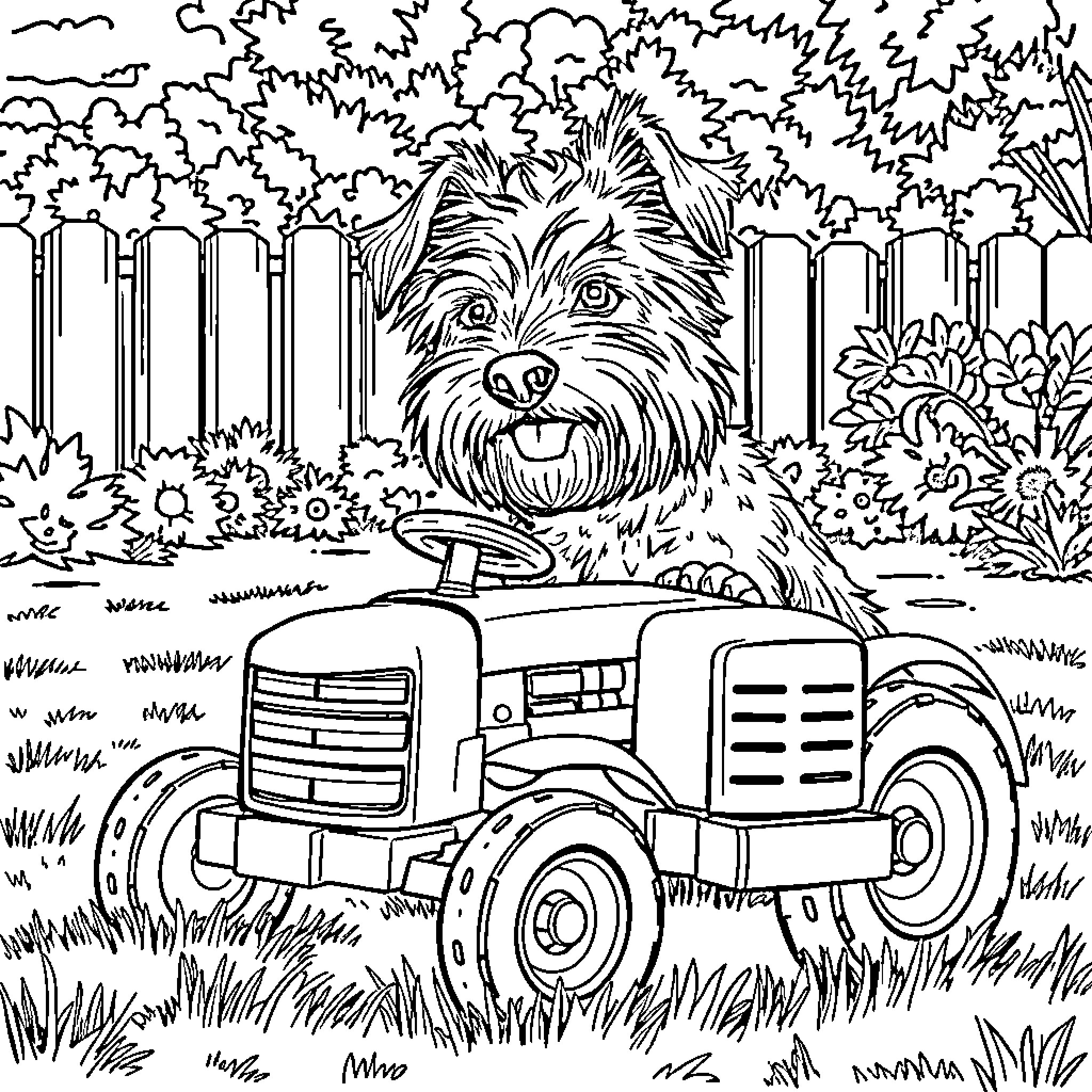 Terrier riding a tractor in the garden Coloring Page (free black-and-white line drawing printable PDF for all, from beginners to advanced learners, including children, teens, adults, and seniors)