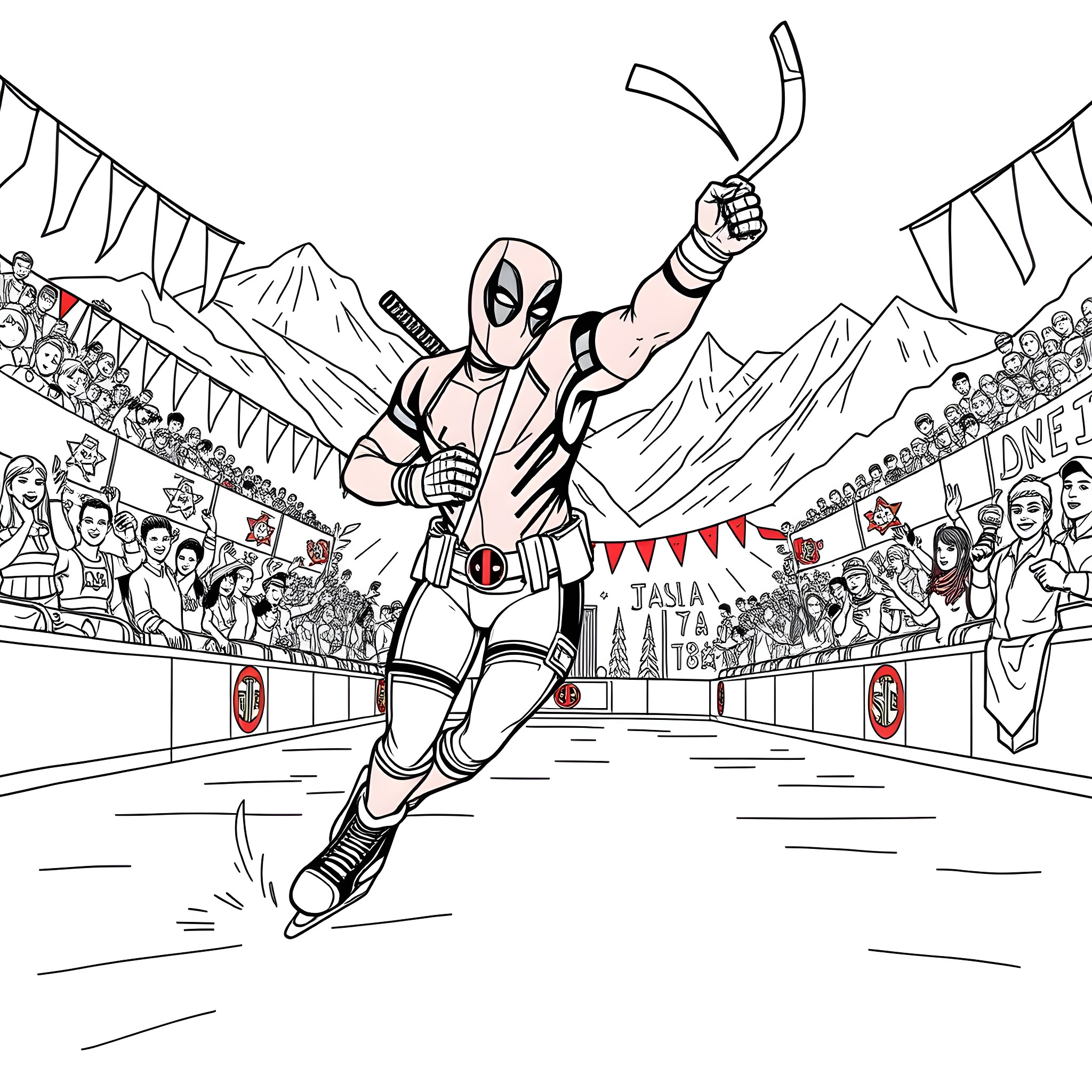 Deadpool's Daring Performance in the Arena Coloring Page (free black-and-white line drawing printable PDF for all, from beginners to advanced learners, including children, teens, adults, and seniors)