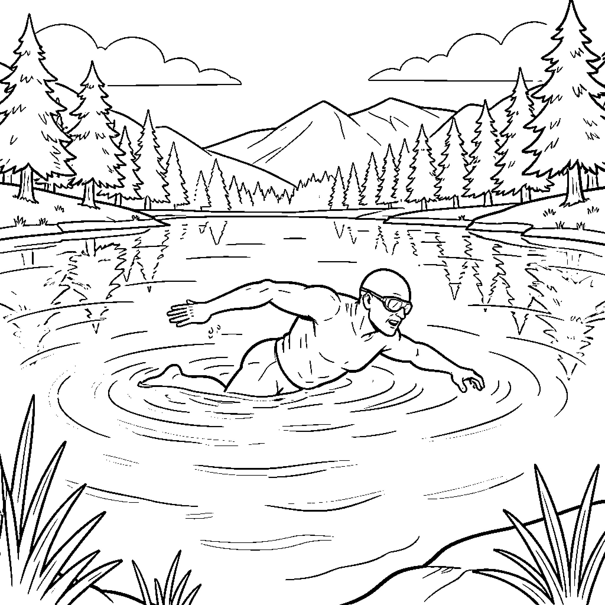 Speederman swimming vigorously through a scenic mountain lake Coloring Page (free black-and-white line drawing printable PDF for all, from beginners to advanced learners, including children, teens, adults, and seniors)
