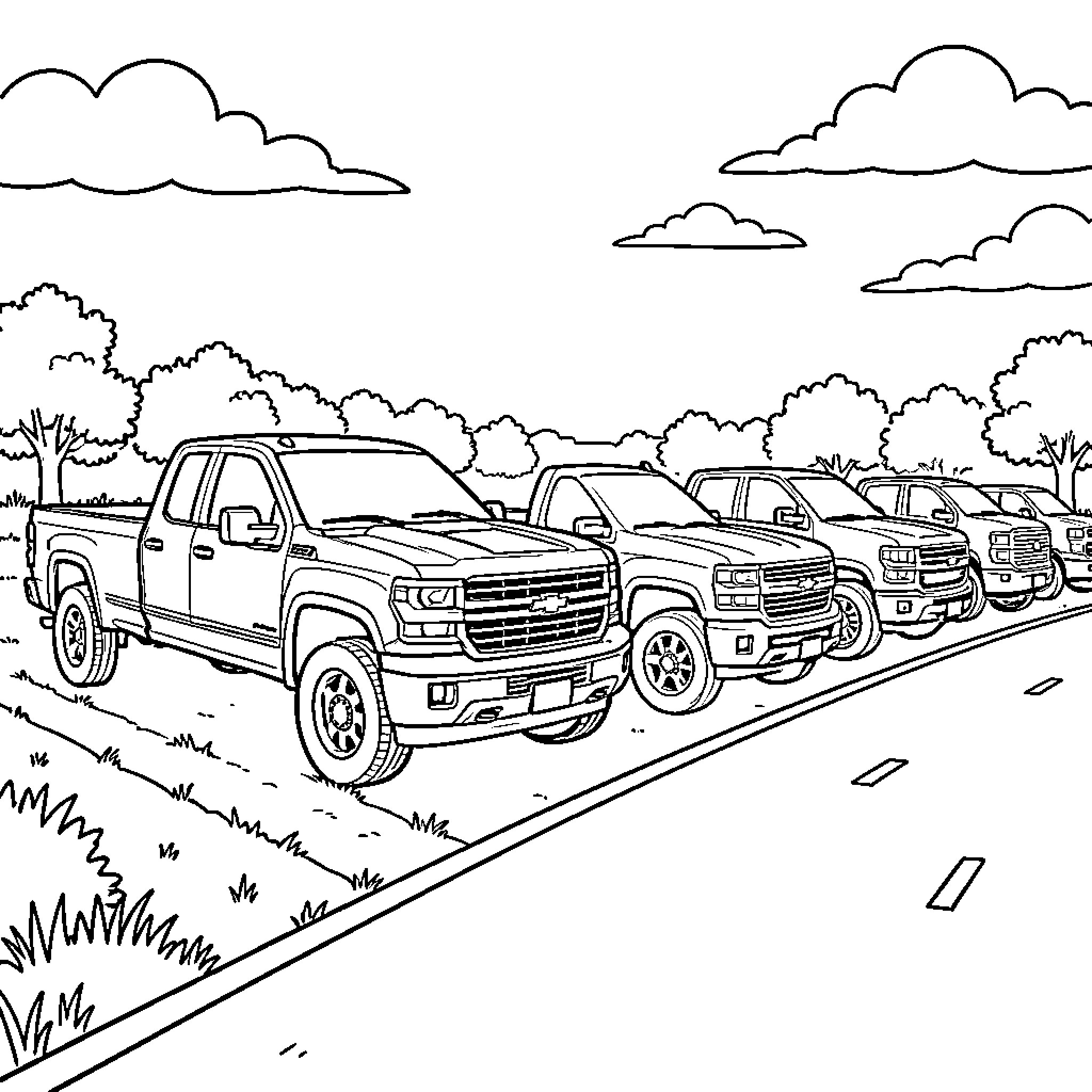 Chevy Truck parked in a line along the road Coloring Page (free black-and-white line drawing printable PDF for all, from beginners to advanced learners, including children, teens, adults, and seniors)