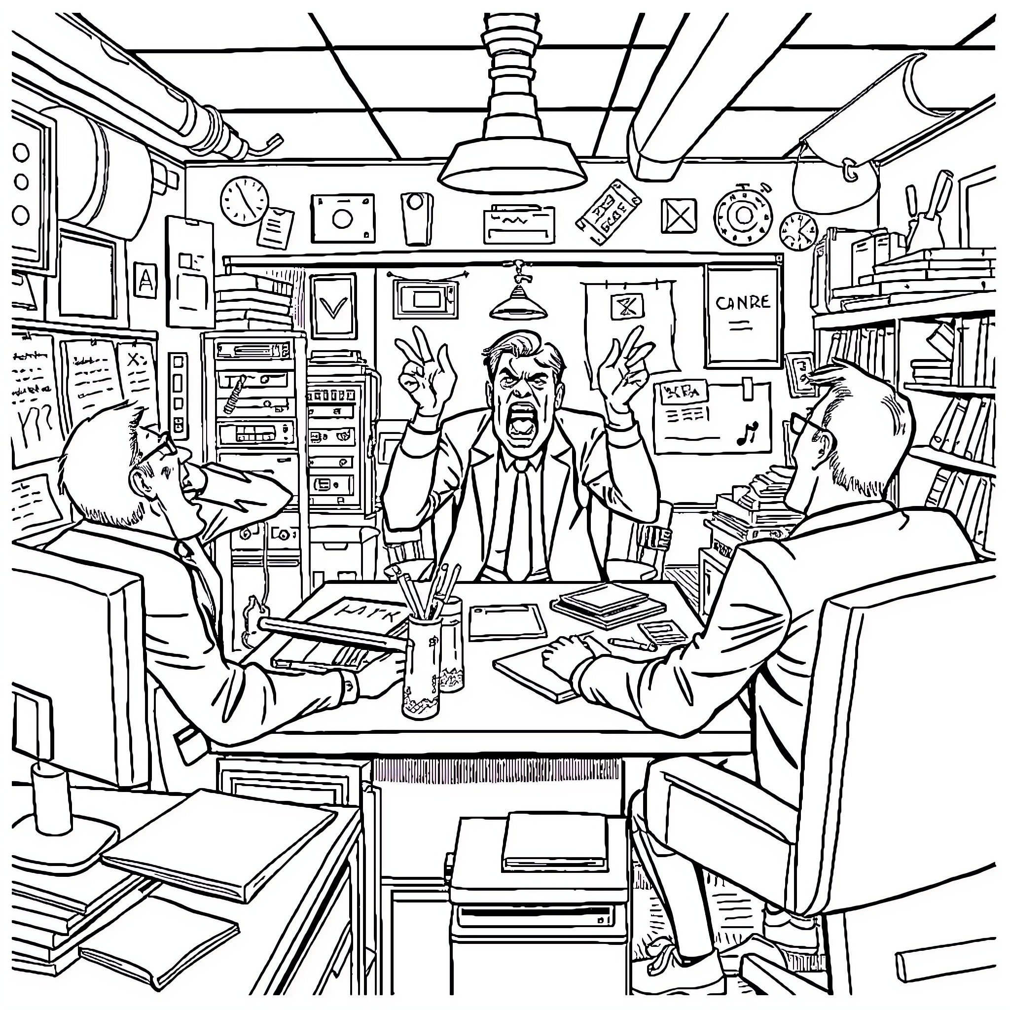 Boss Overworks Stressed Employees in Chaotic Office Coloring Page (free black-and-white line drawing printable PDF for all, from beginners to advanced learners, including children, teens, adults, and seniors)