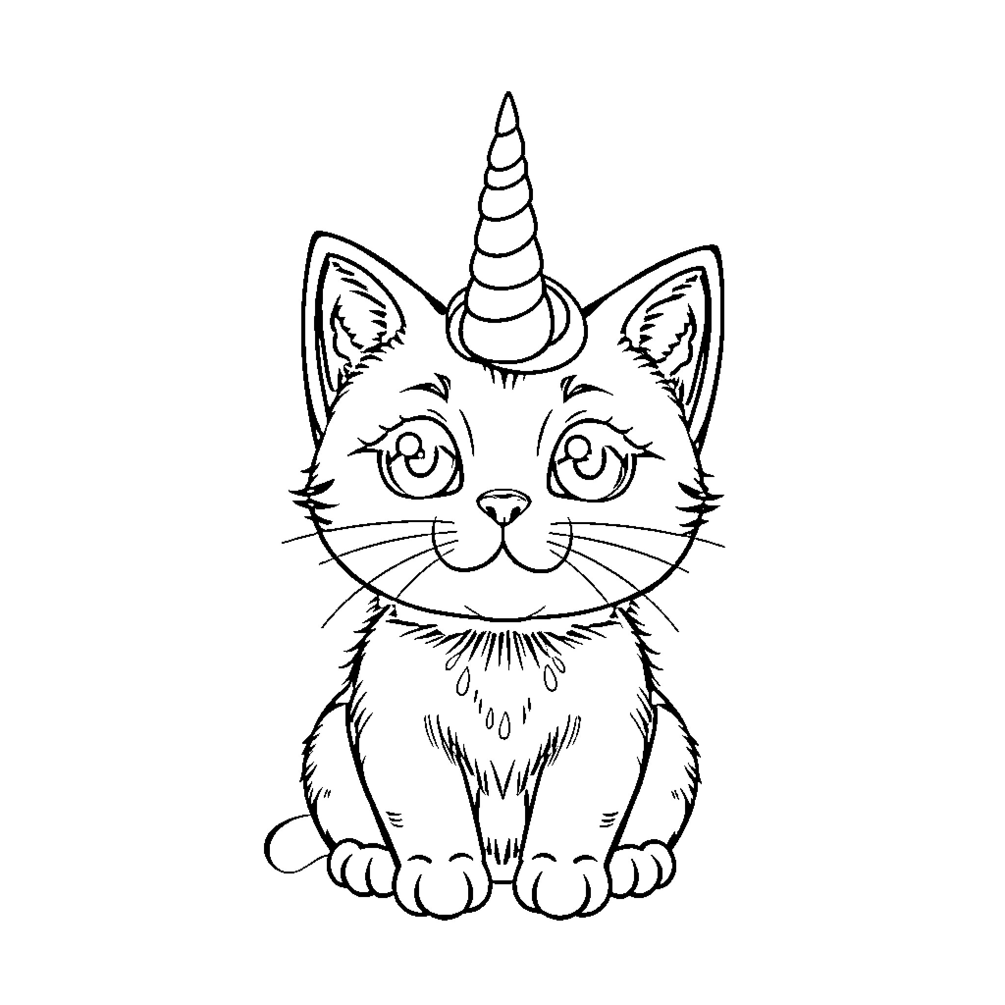 Cat Unicorn with whimsical expression Coloring Page (free black-and-white line drawing printable PDF for all, from beginners to advanced learners, including children, teens, adults, and seniors)