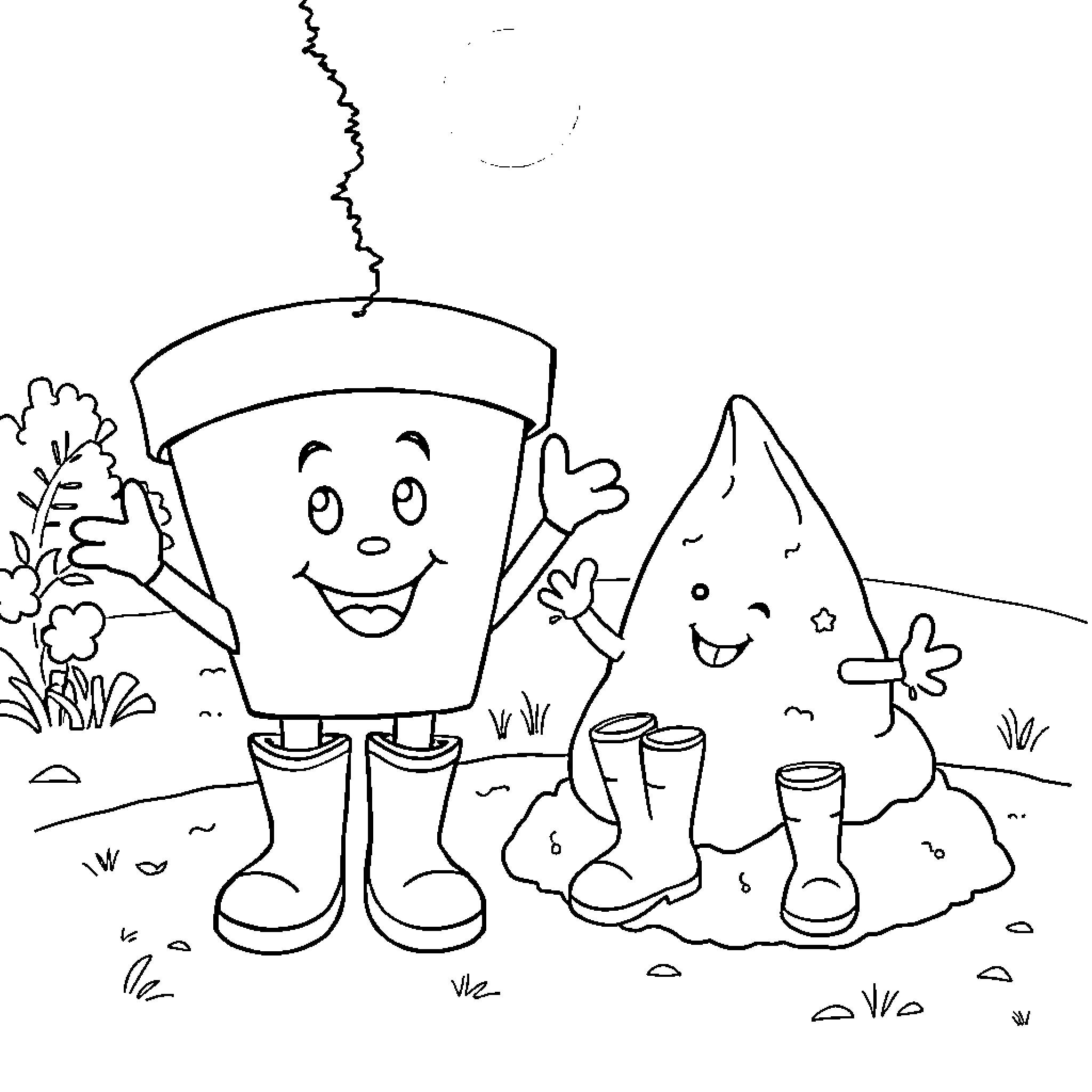 Pot waving with cheerful garden ornaments Coloring Page (free black-and-white line drawing printable PDF for all, from beginners to advanced learners, including children, teens, adults, and seniors)
