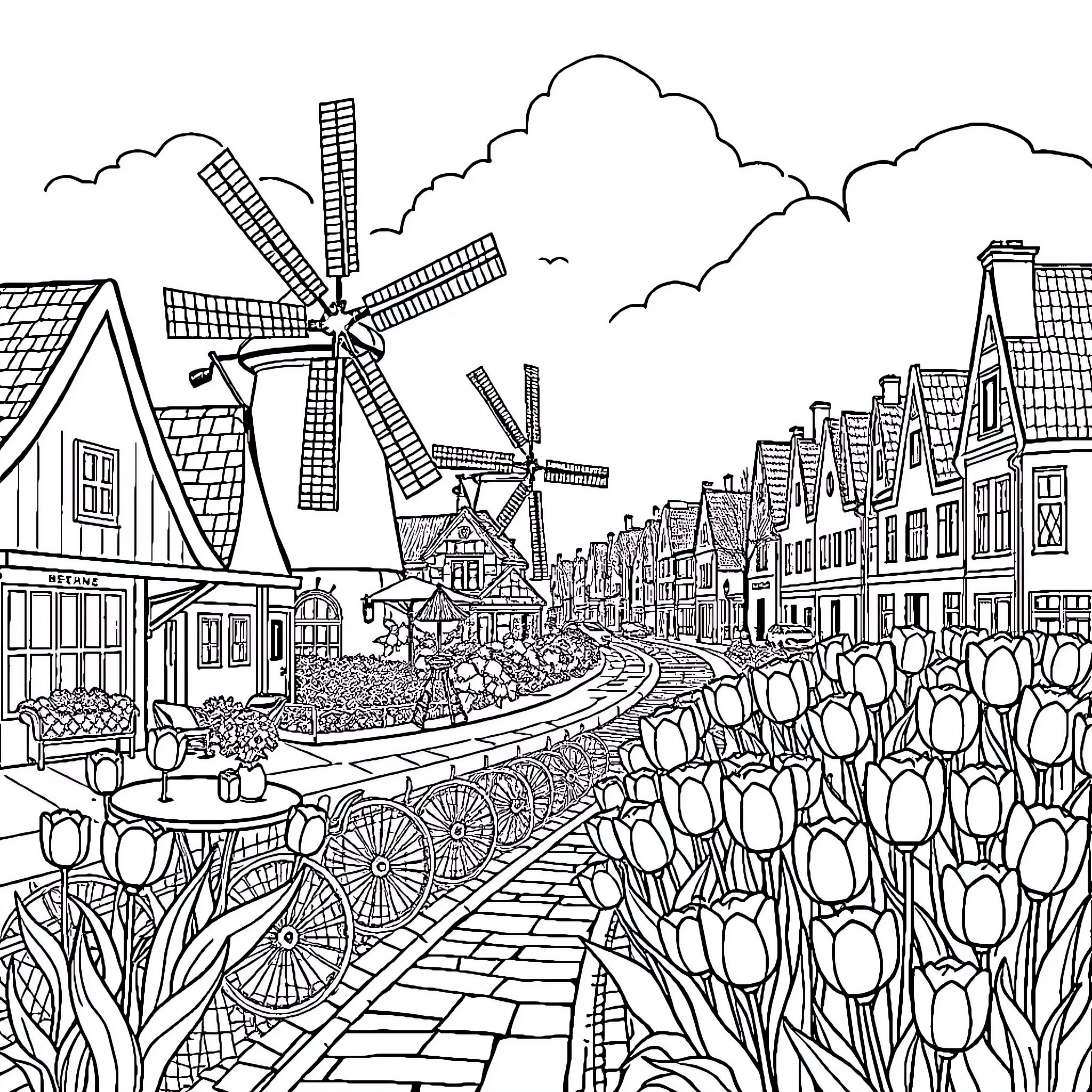 Bluey's Whimsical Dutch Adventure Coloring Page (free black-and-white line drawing printable PDF for all, from beginners to advanced learners, including children, teens, adults, and seniors)