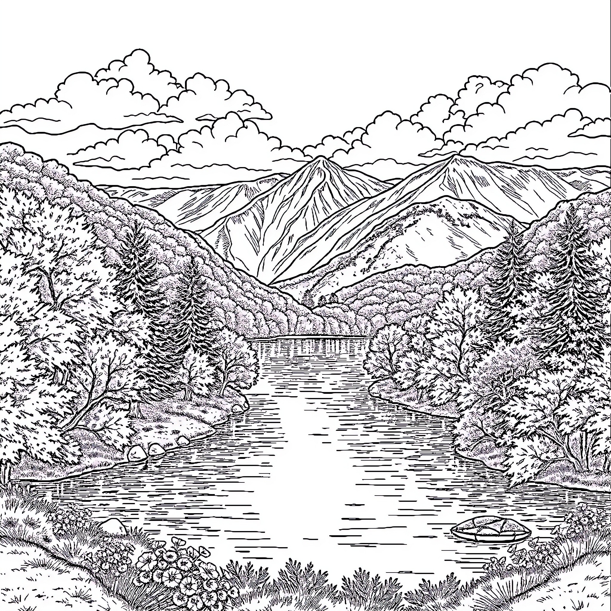 Lake surrounded by majestic mountains and lush forests Coloring Page (free black-and-white line drawing printable PDF for all, from beginners to advanced learners, including children, teens, adults, and seniors)