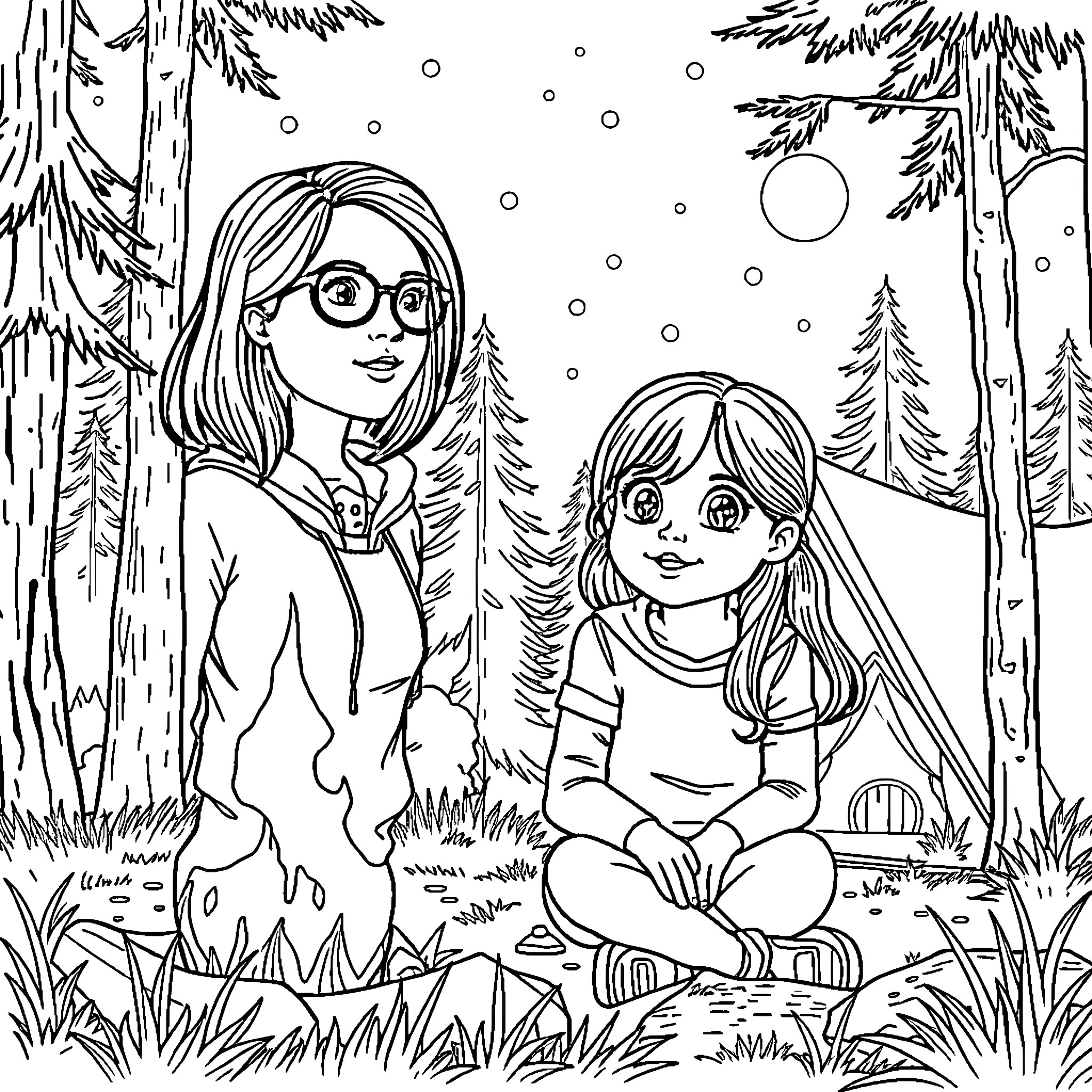 Female Friends Enjoying Winter Scenery in the Woods Coloring Page (free black-and-white line drawing printable PDF for all, from beginners to advanced learners, including children, teens, adults, and seniors)