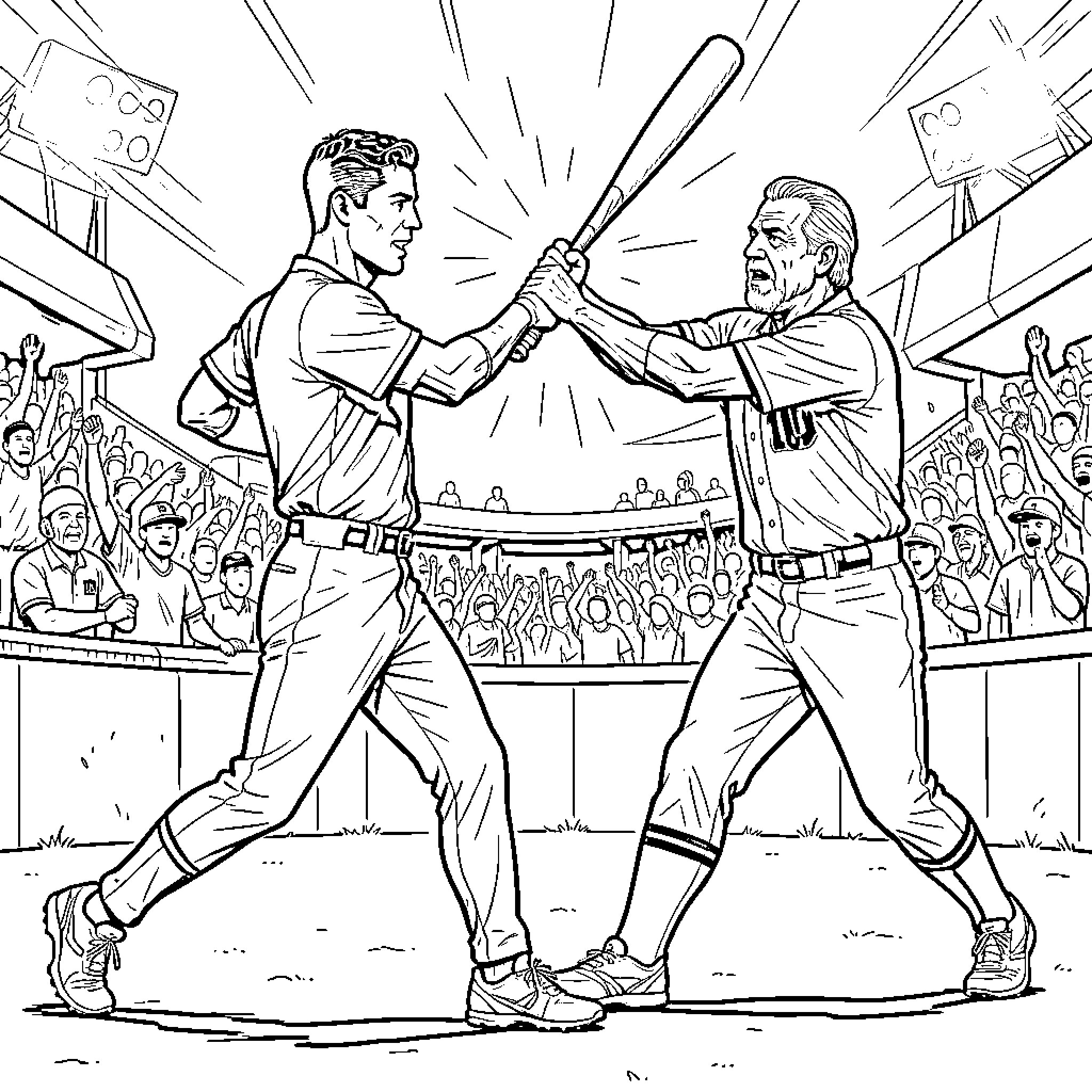 Ronaldo celebrating a victory with teammates at a baseball stadium Coloring Page (free black-and-white line drawing printable PDF for all, from beginners to advanced learners, including children, teens, adults, and seniors)