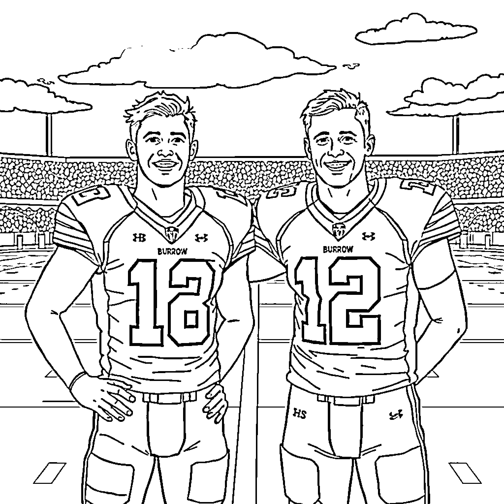 Trevor Lawrence and Burrow - Football Players on the Field Coloring Page (free black-and-white line drawing printable PDF for all, from beginners to advanced learners, including children, teens, adults, and seniors)