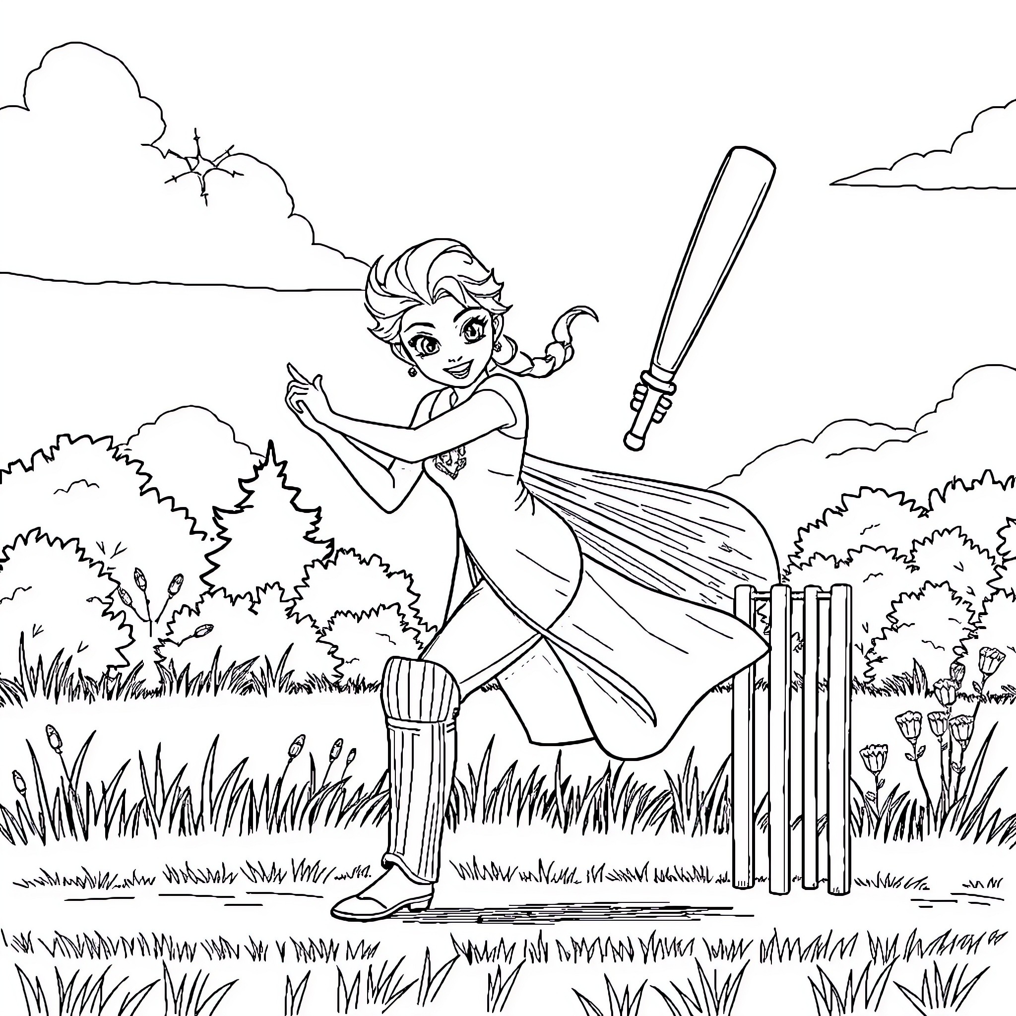 Elsa playing cricket in the enchanted forest Coloring Page (free black-and-white line drawing printable PDF for all, from beginners to advanced learners, including children, teens, adults, and seniors)