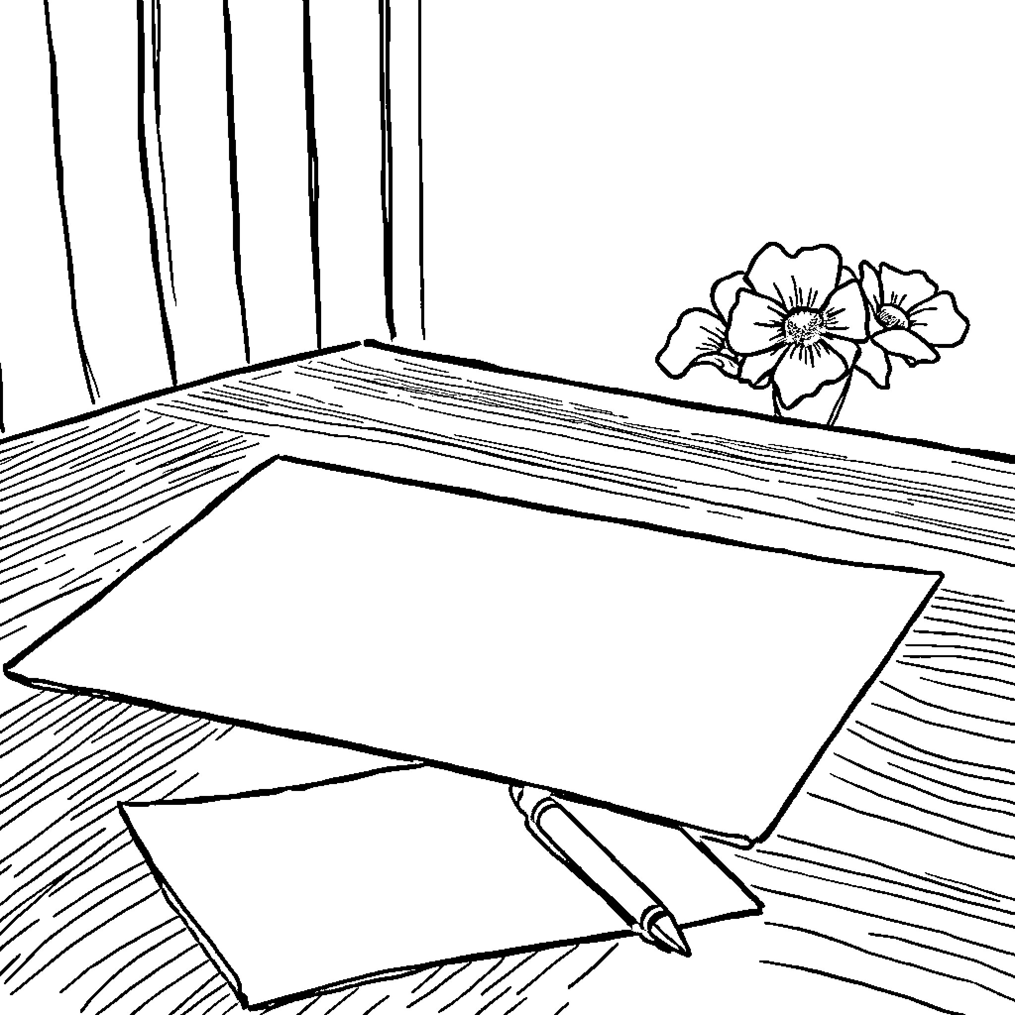 Paper on a desk with flowers Coloring Page (free black-and-white line drawing printable PDF for all, from beginners to advanced learners, including children, teens, adults, and seniors)