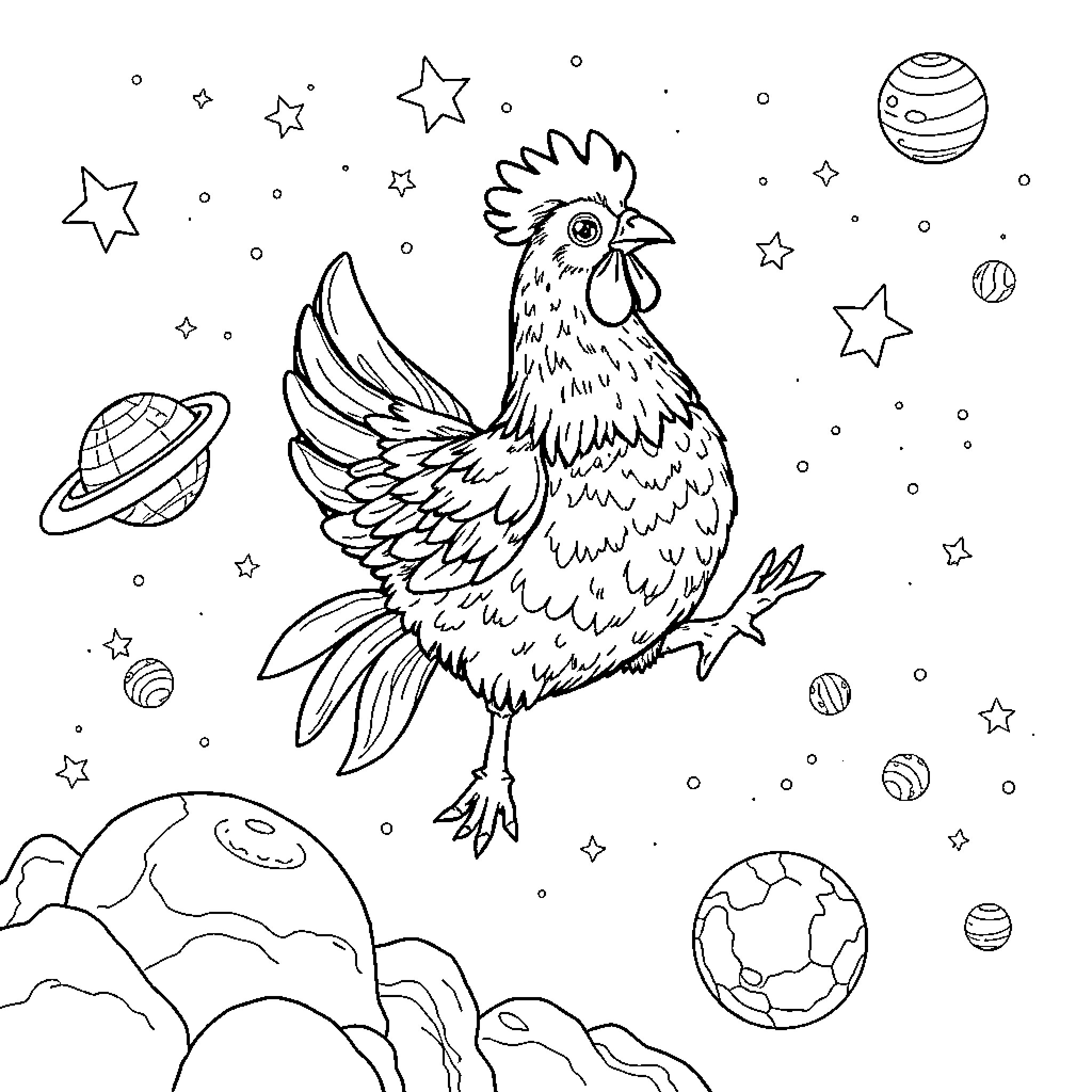 Chicken exploring the cosmic landscape Coloring Page (free black-and-white line drawing printable PDF for all, from beginners to advanced learners, including children, teens, adults, and seniors)