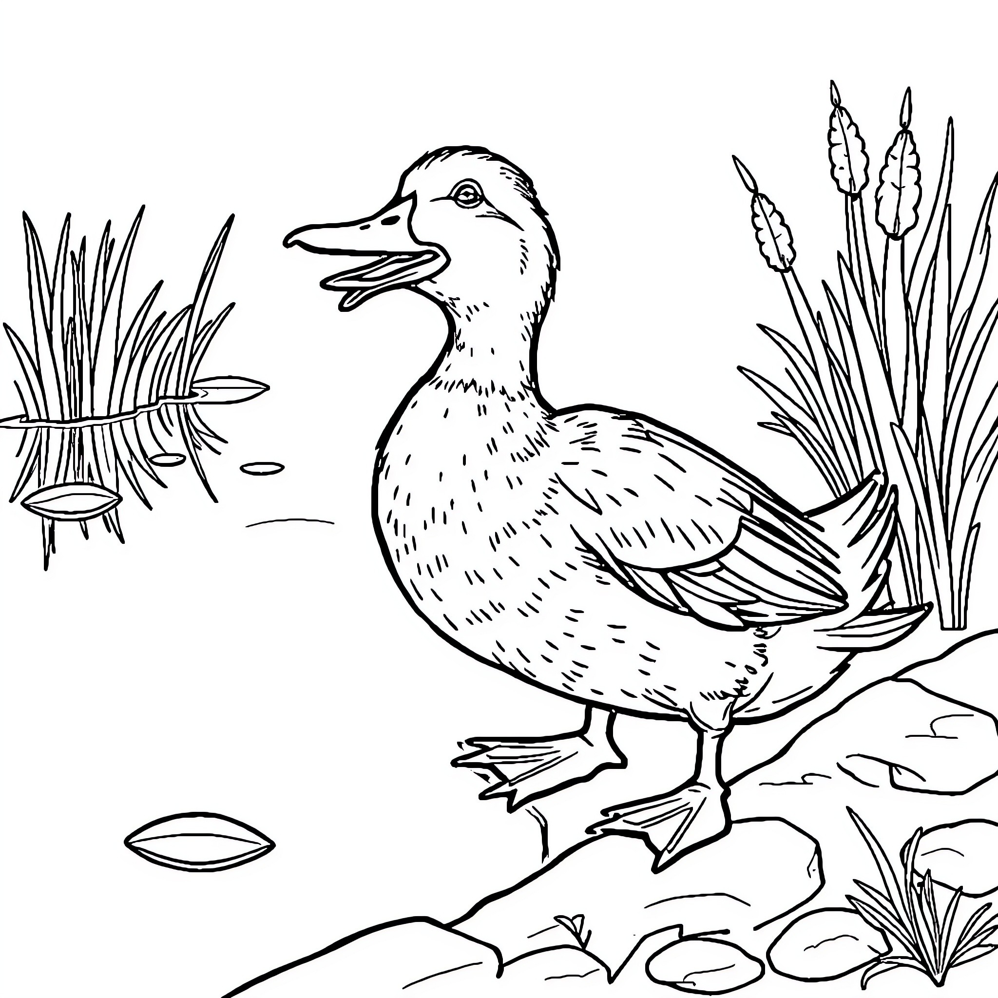 Pato exploring the pond's edge Coloring Page (free black-and-white line drawing printable PDF for all, from beginners to advanced learners, including children, teens, adults, and seniors)