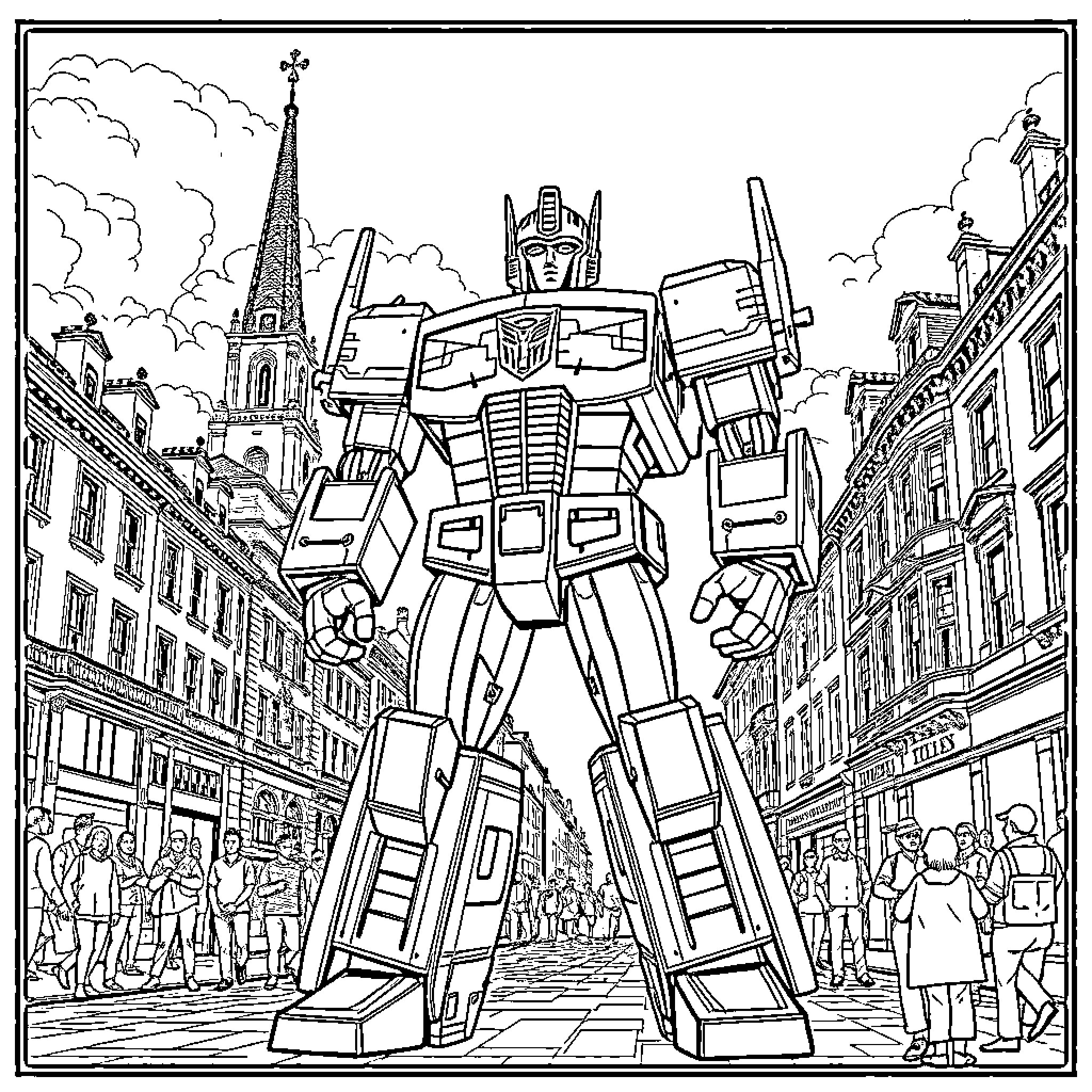 Optimus Prime dominates the city streets Coloring Page (free black-and-white line drawing printable PDF for all, from beginners to advanced learners, including children, teens, adults, and seniors)