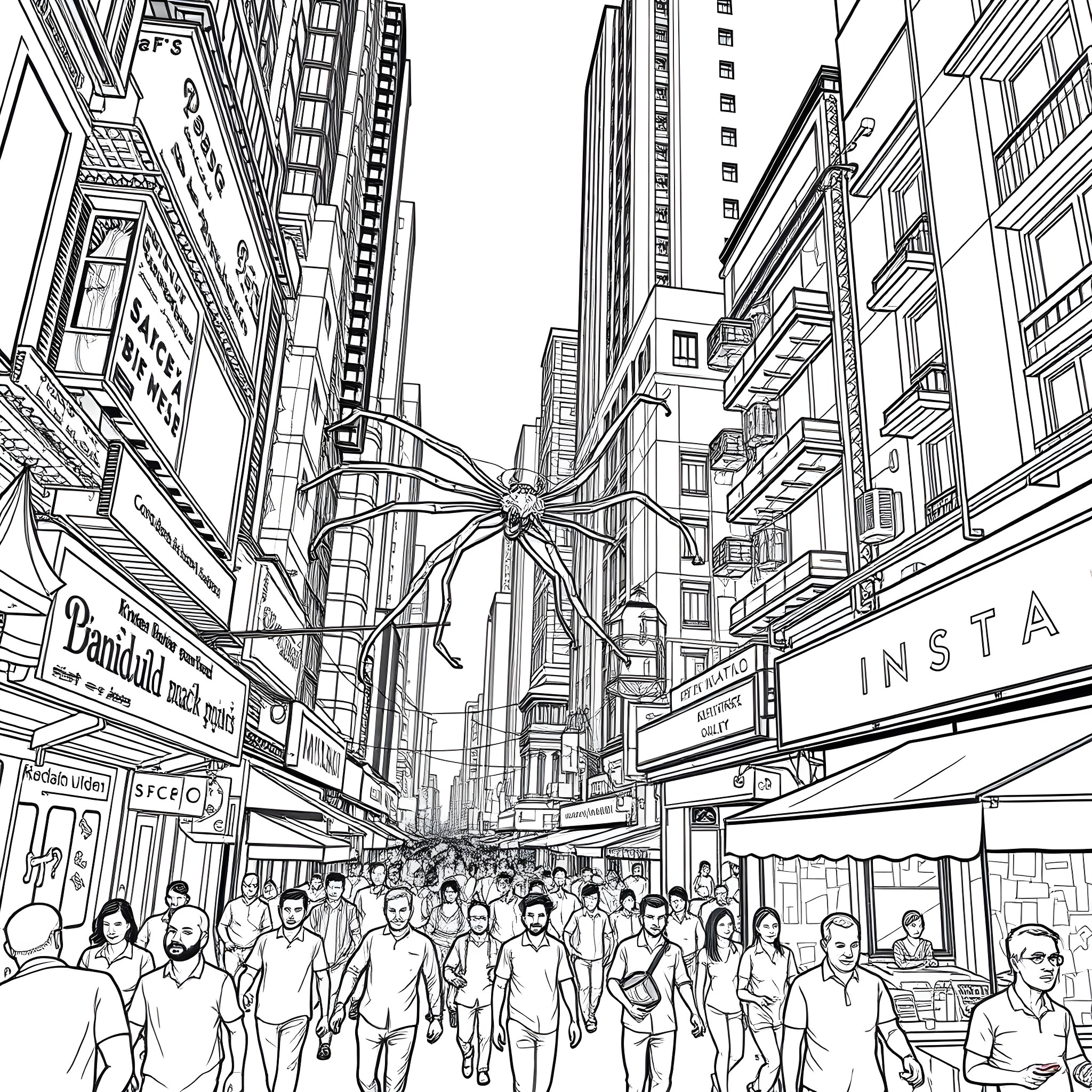 Ghost Spider explores bustling city streets Coloring Page (free black-and-white line drawing printable PDF for all, from beginners to advanced learners, including children, teens, adults, and seniors)