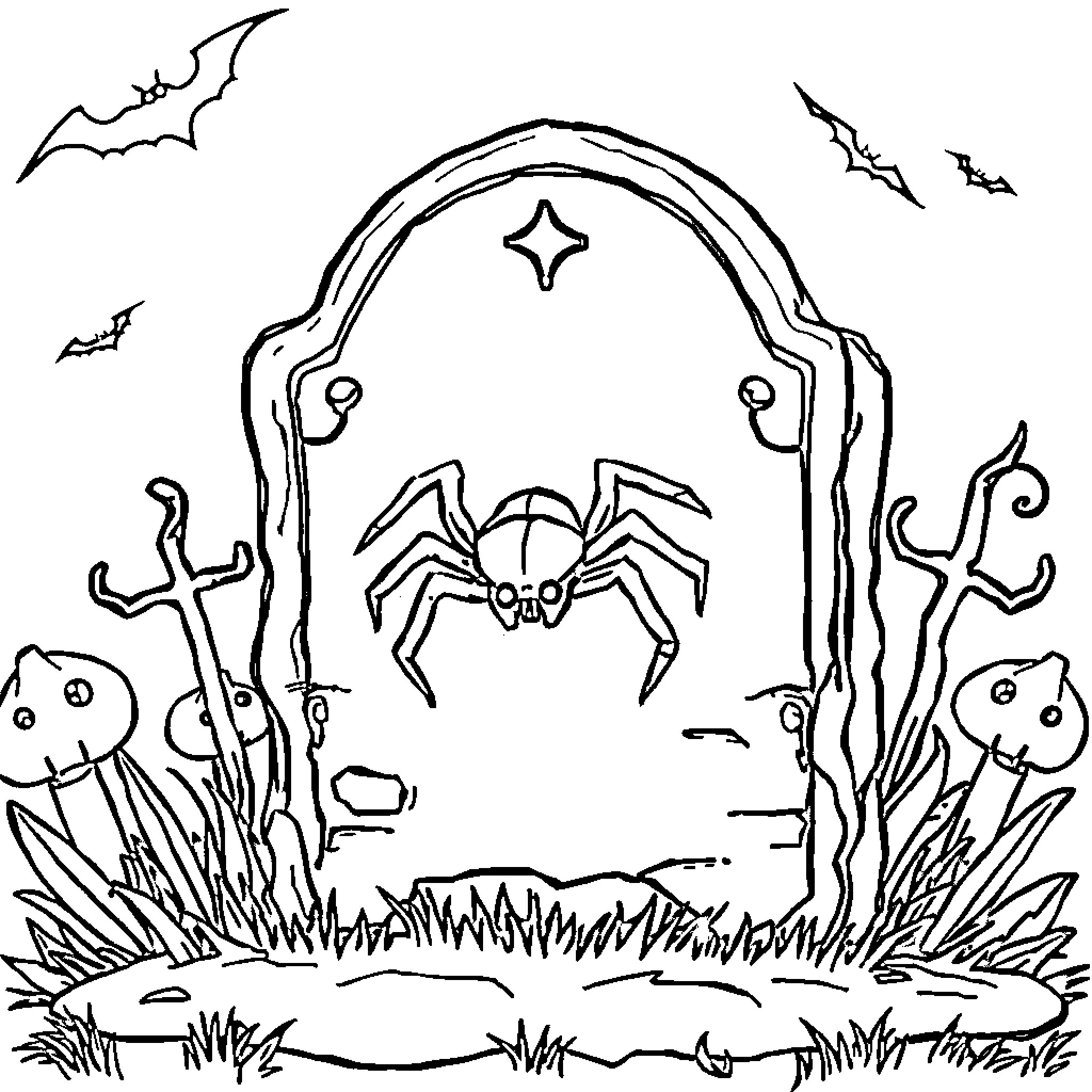 Tombstone Spooky Halloween Scene with Spider and Bats Coloring Page (free black-and-white line drawing printable PDF for all, from beginners to advanced learners, including children, teens, adults, and seniors)