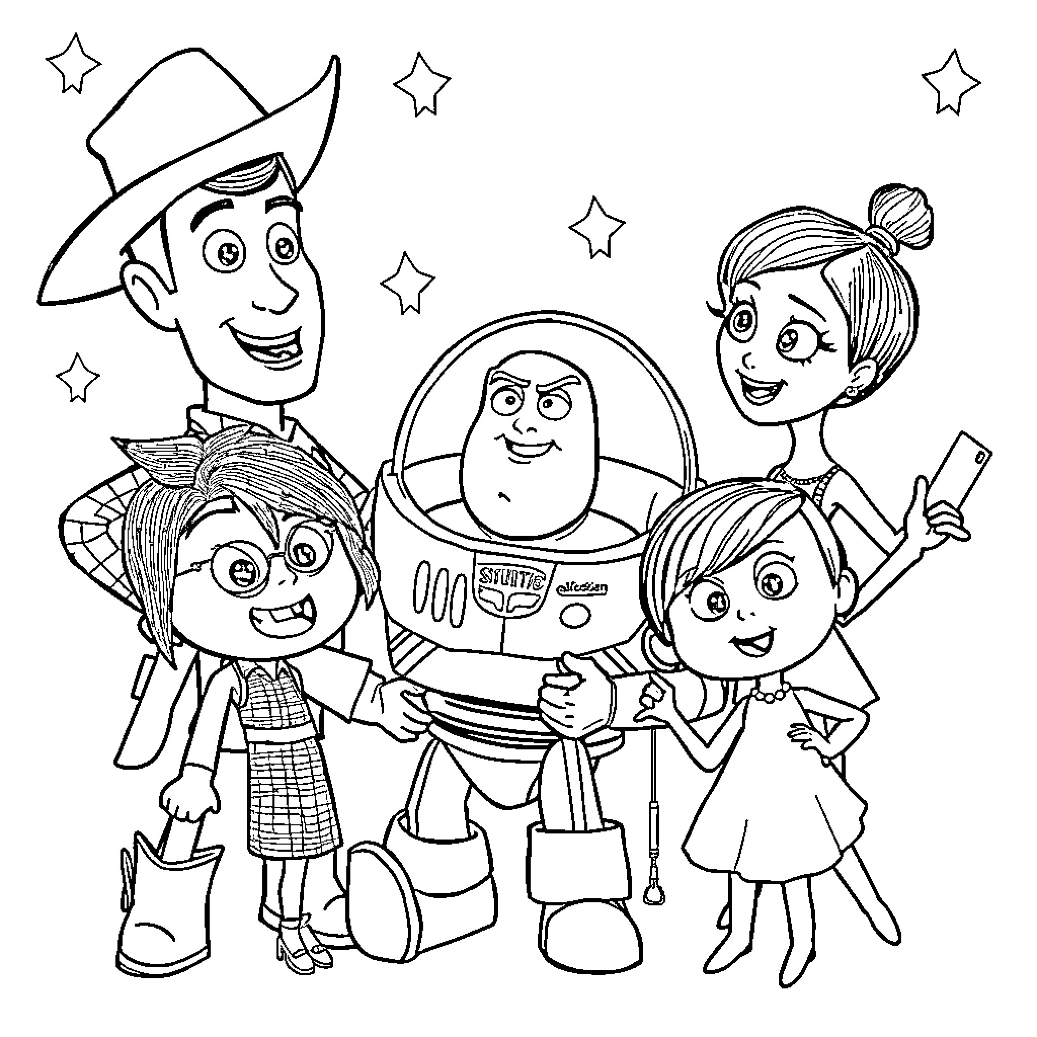 Toy characters posing together in a playful scene Coloring Page (free black-and-white line drawing printable PDF for all, from beginners to advanced learners, including children, teens, adults, and seniors)