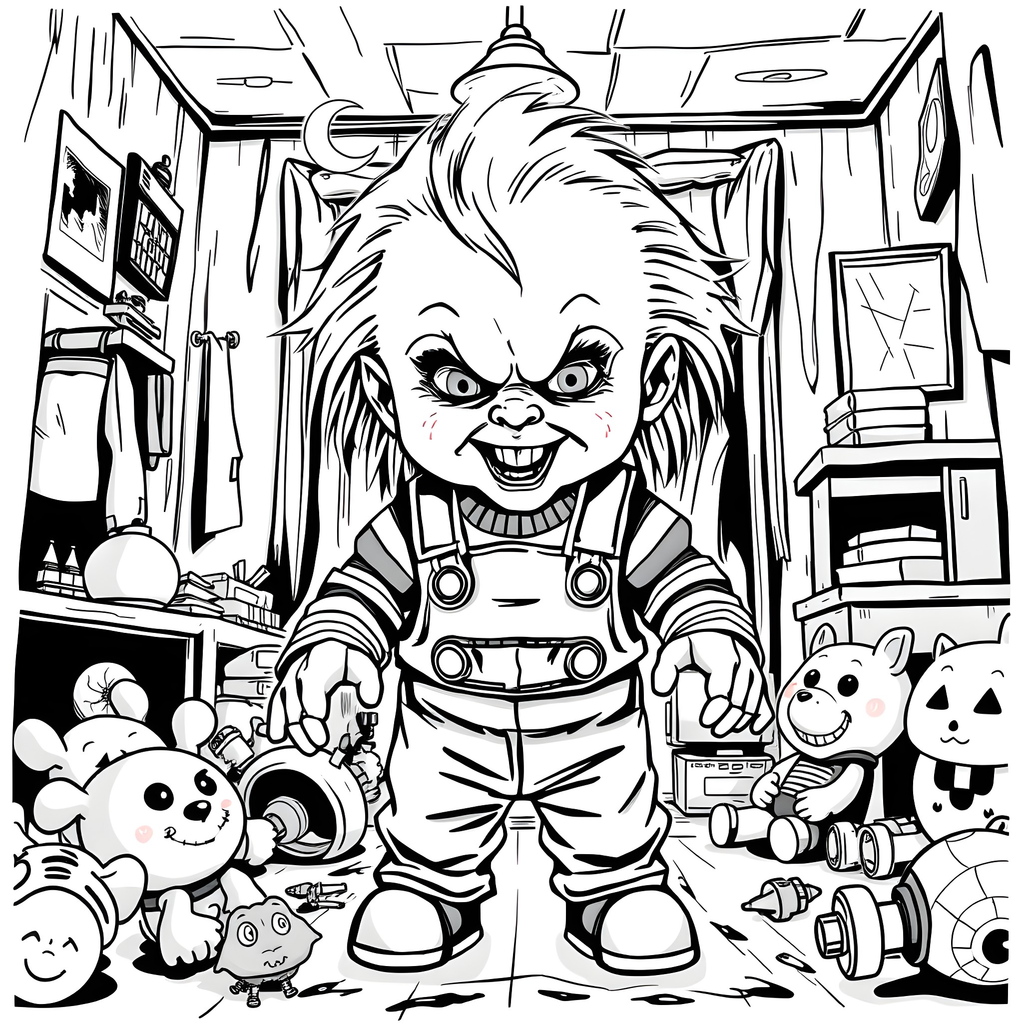 Chucky the Mischievous Doll Amid Chaos Coloring Page (free black-and-white line drawing printable PDF for all, from beginners to advanced learners, including children, teens, adults, and seniors)