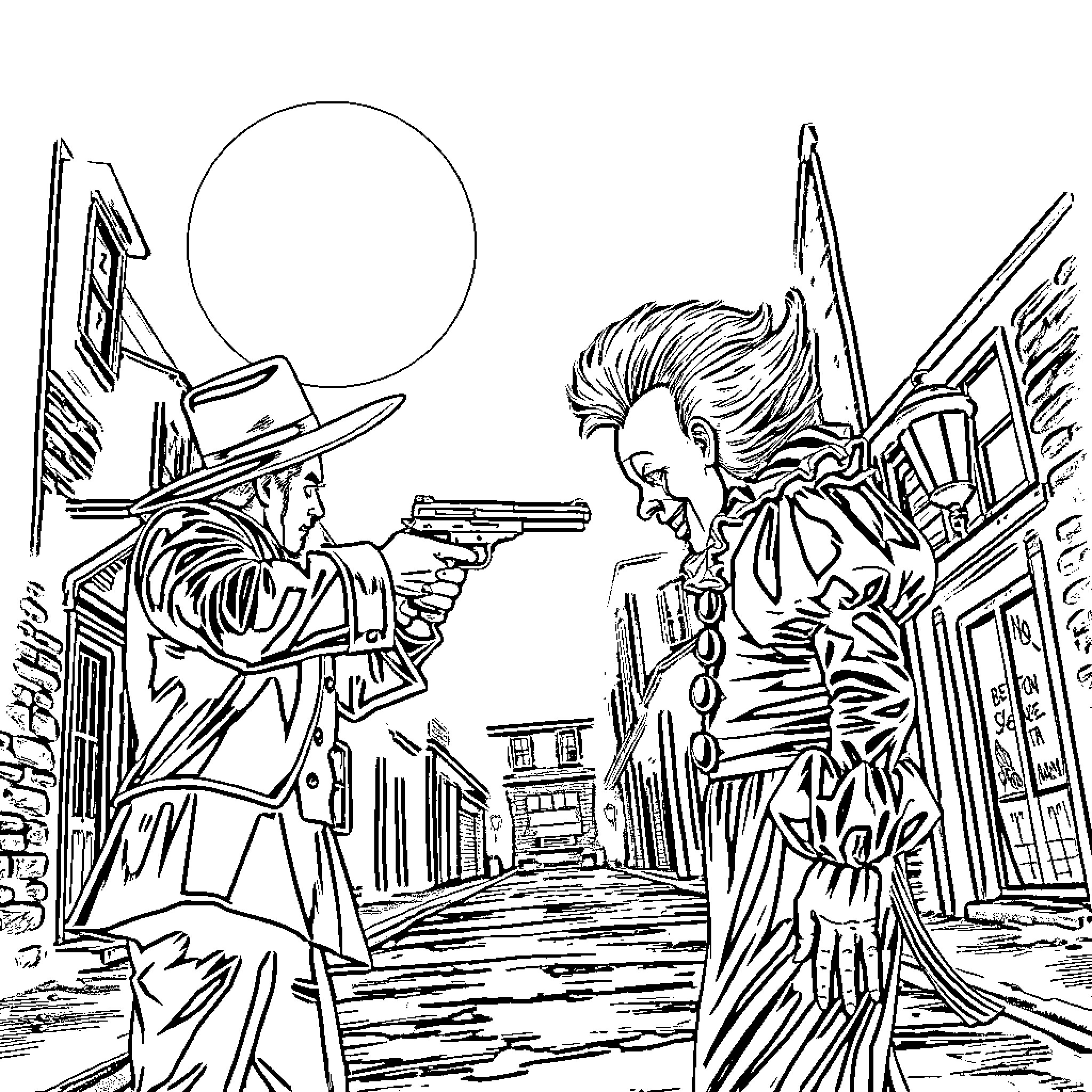 Pennywise confrontation in dark urban alleyway Coloring Page (free black-and-white line drawing printable PDF for all, from beginners to advanced learners, including children, teens, adults, and seniors)