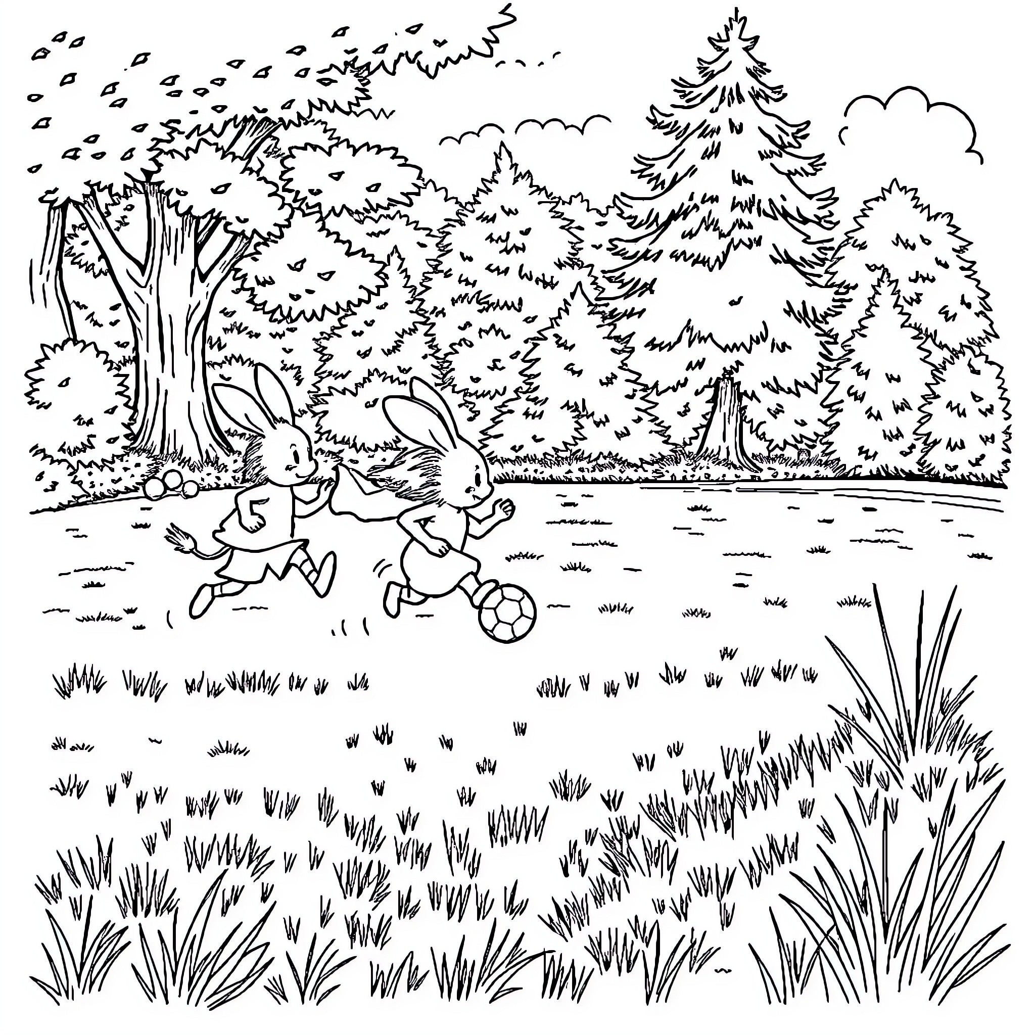 Cinderella's Enchanted Forest Adventure Coloring Page (free black-and-white line drawing printable PDF for all, from beginners to advanced learners, including children, teens, adults, and seniors)
