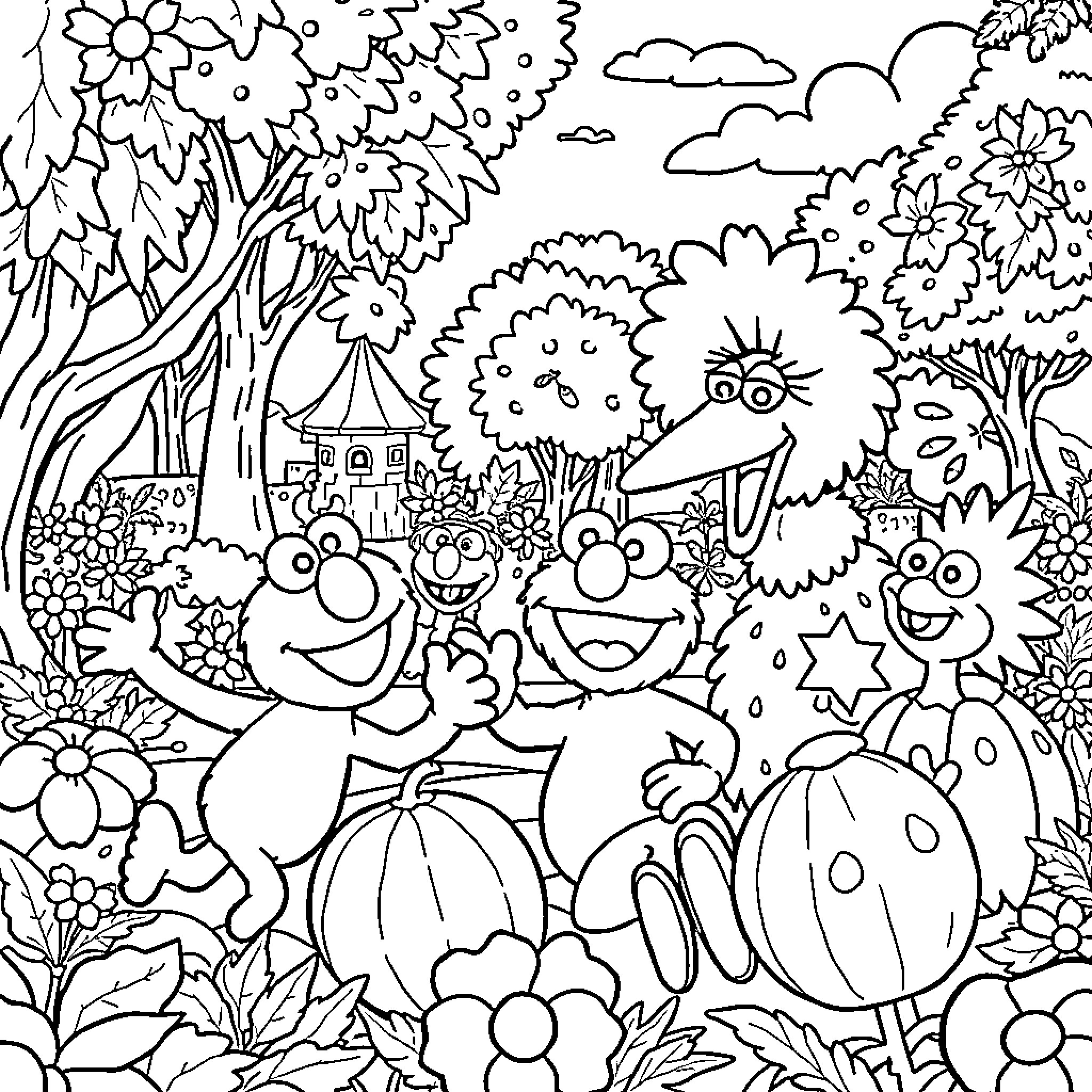 Character playing with friends in the garden Coloring Page (free black-and-white line drawing printable PDF for all, from beginners to advanced learners, including children, teens, adults, and seniors)