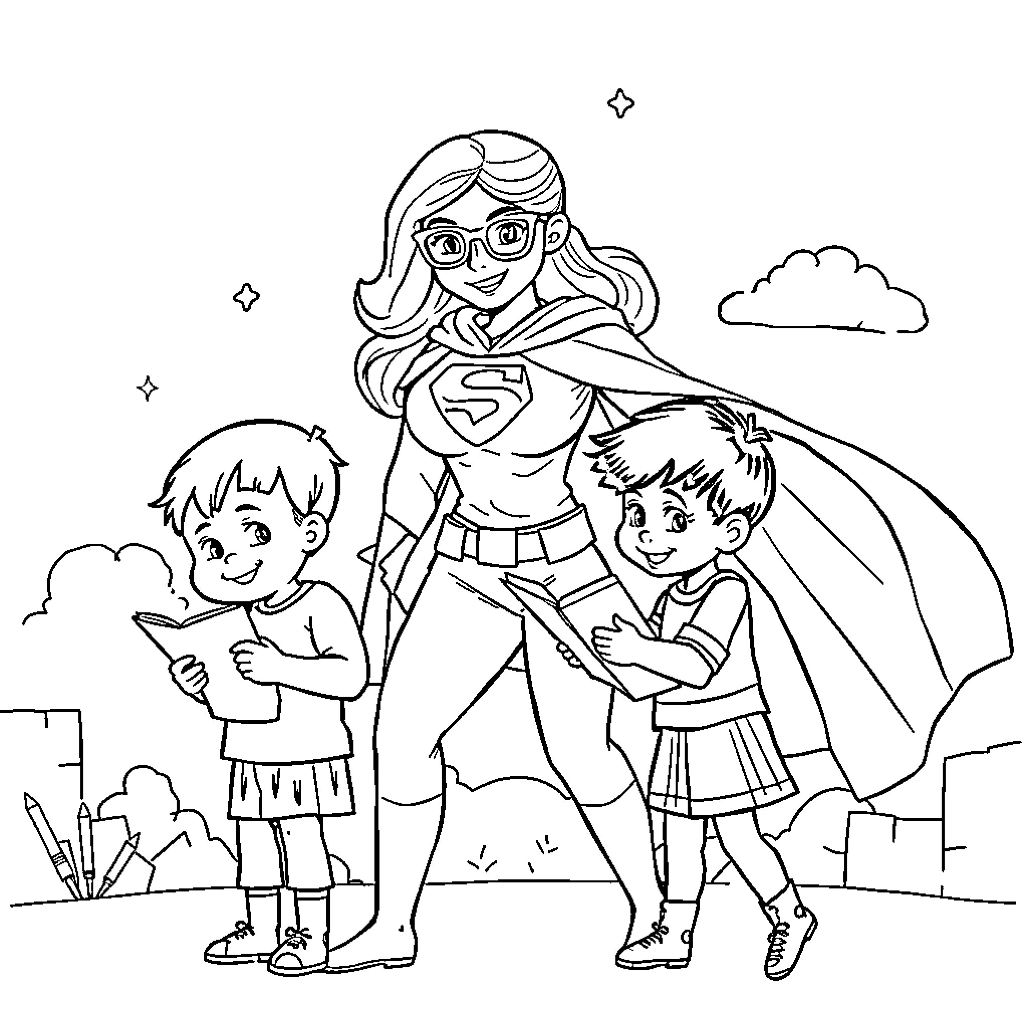 Homeschool Mom Superheroes Spending Time with Kids Coloring Page (free black-and-white line drawing printable PDF for all, from beginners to advanced learners, including children, teens, adults, and seniors)