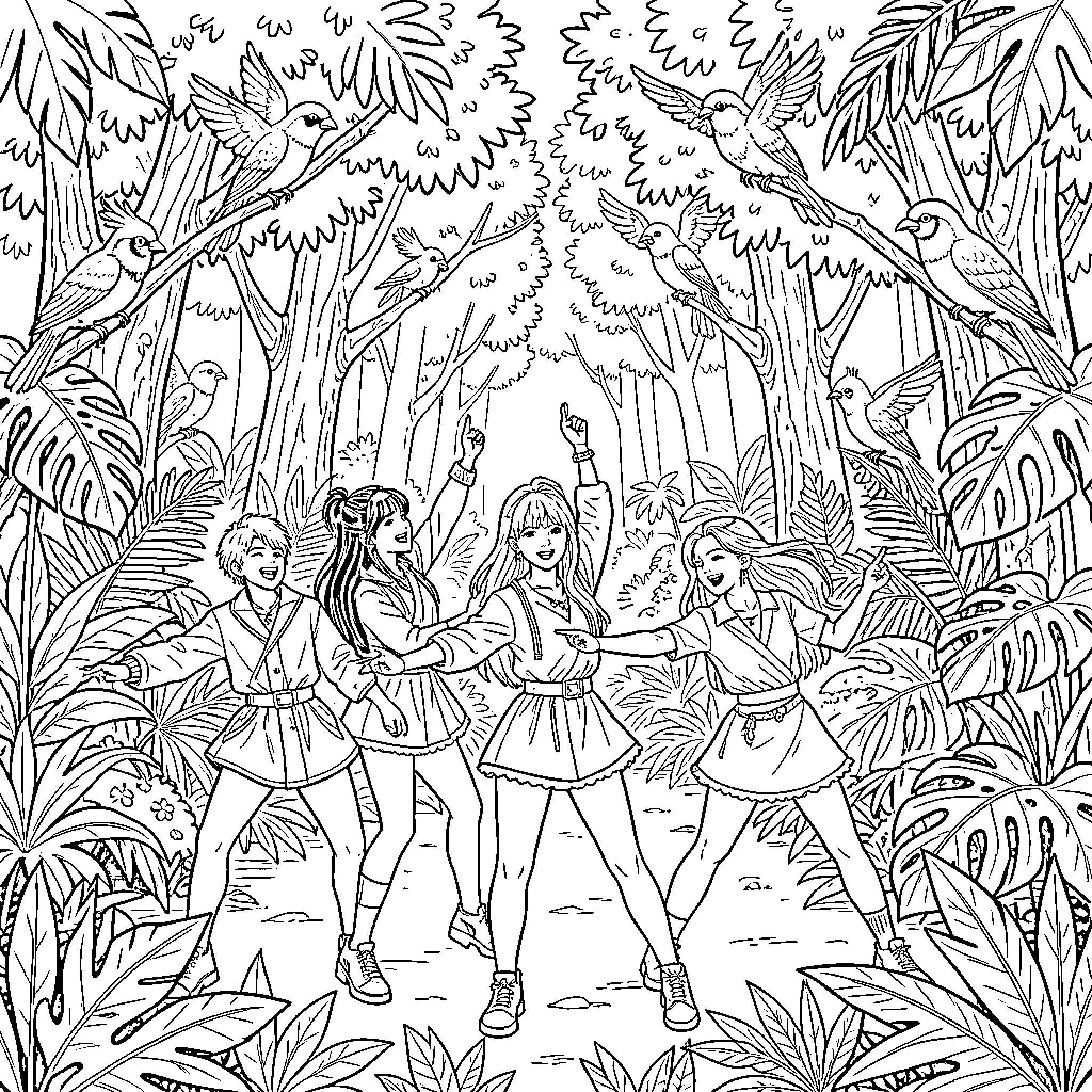 Kpop Performers Dancing in Lush Jungle Setting Coloring Page (free black-and-white line drawing printable PDF for all, from beginners to advanced learners, including children, teens, adults, and seniors)