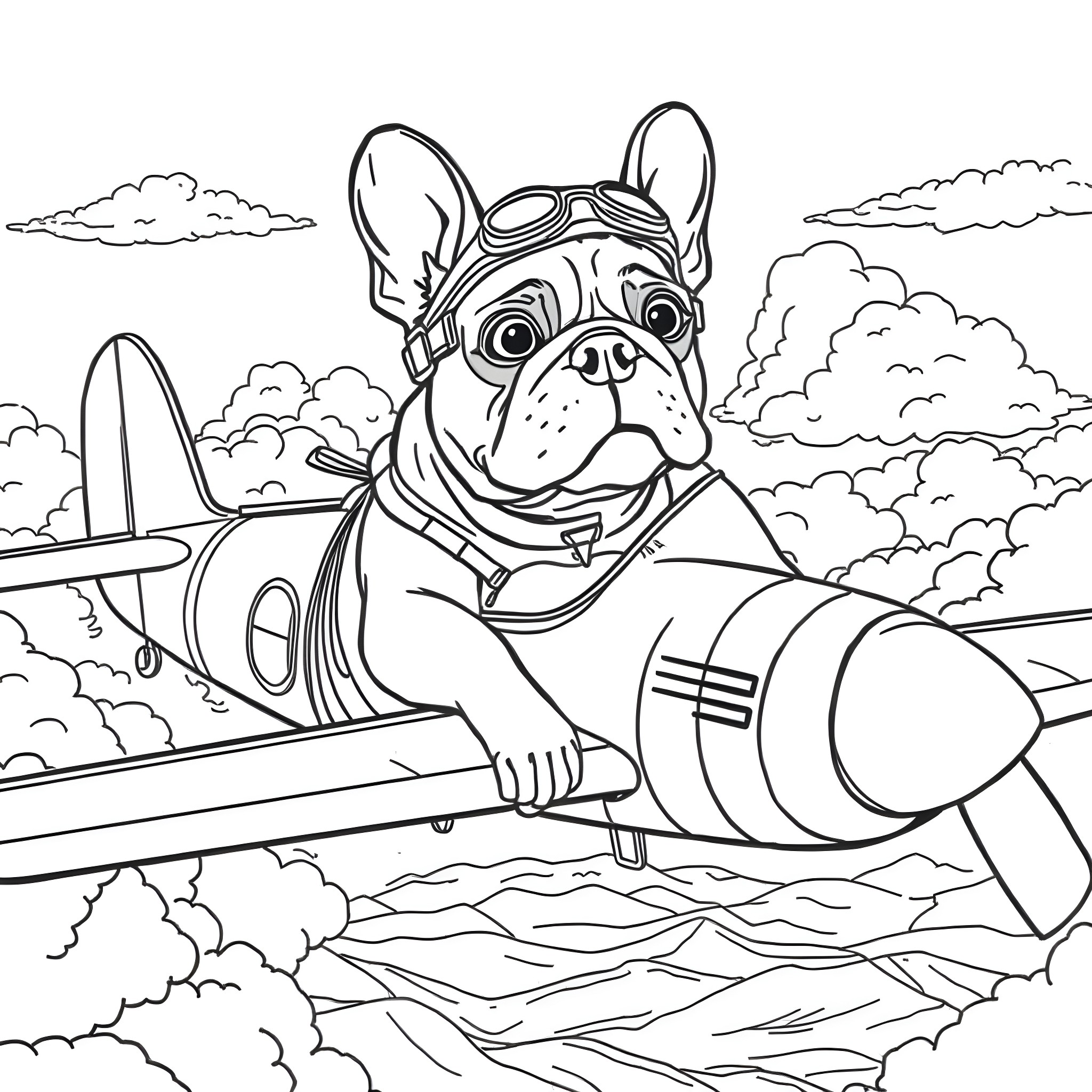 French Bulldog riding a vintage airplane in the sky Coloring Page (free black-and-white line drawing printable PDF for all, from beginners to advanced learners, including children, teens, adults, and seniors)