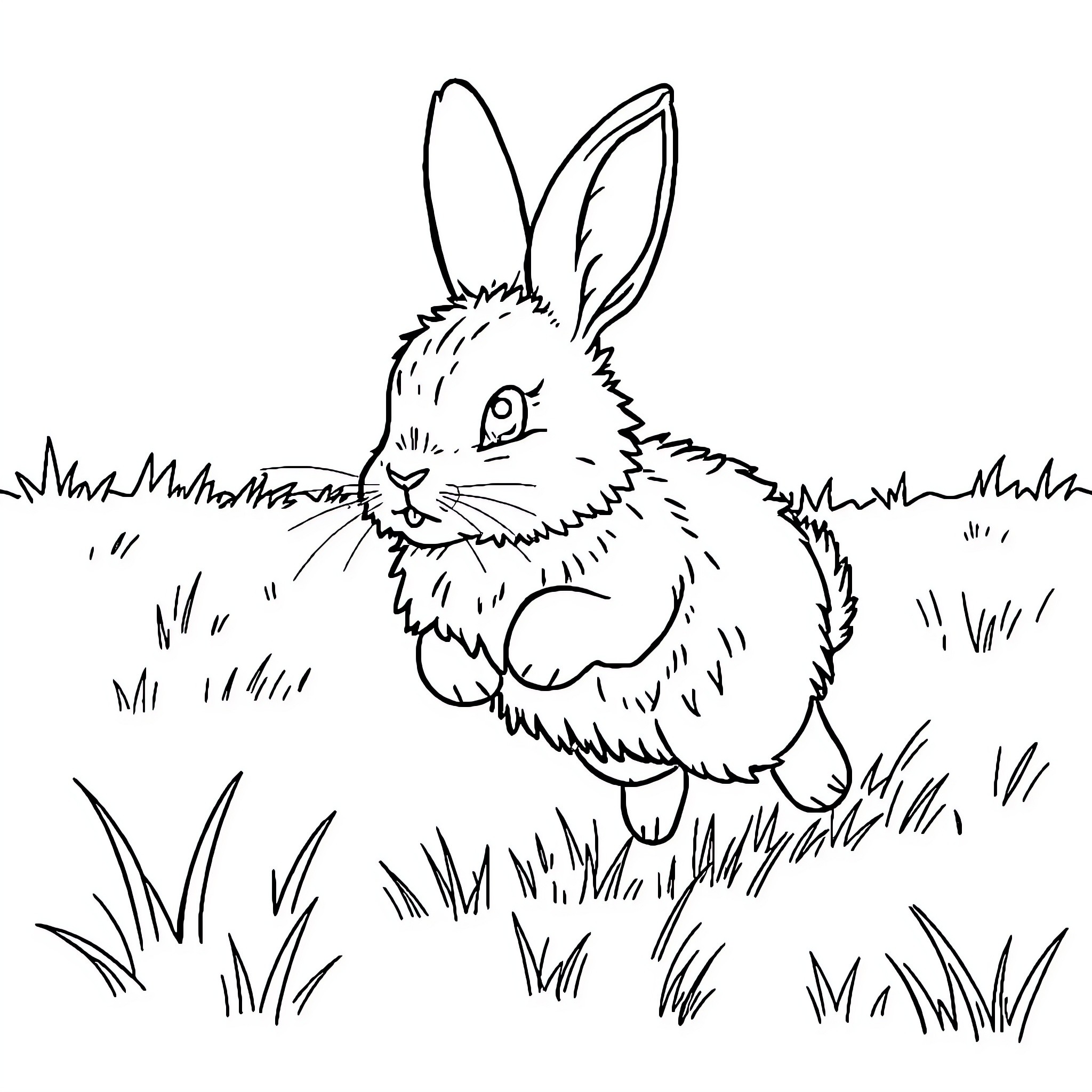 Rabbit hopping in the grassy field Coloring Page (free black-and-white line drawing printable PDF for all, from beginners to advanced learners, including children, teens, adults, and seniors)
