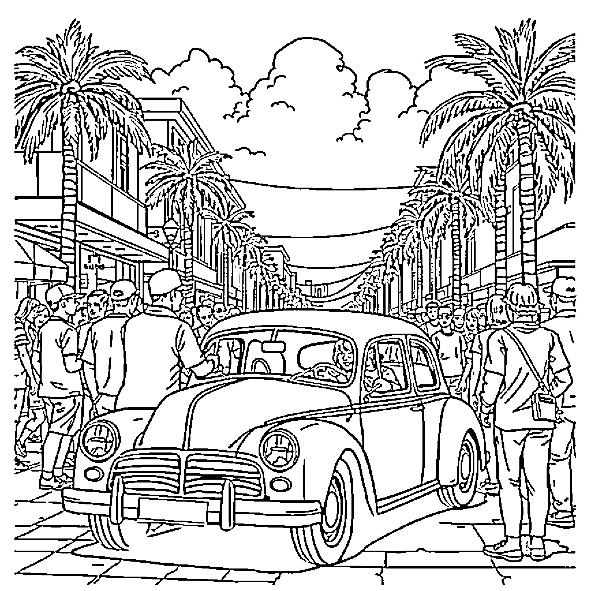Guerrero street scene with vintage car and palm trees Coloring Page (free black-and-white line drawing printable PDF for all, from beginners to advanced learners, including children, teens, adults, and seniors)