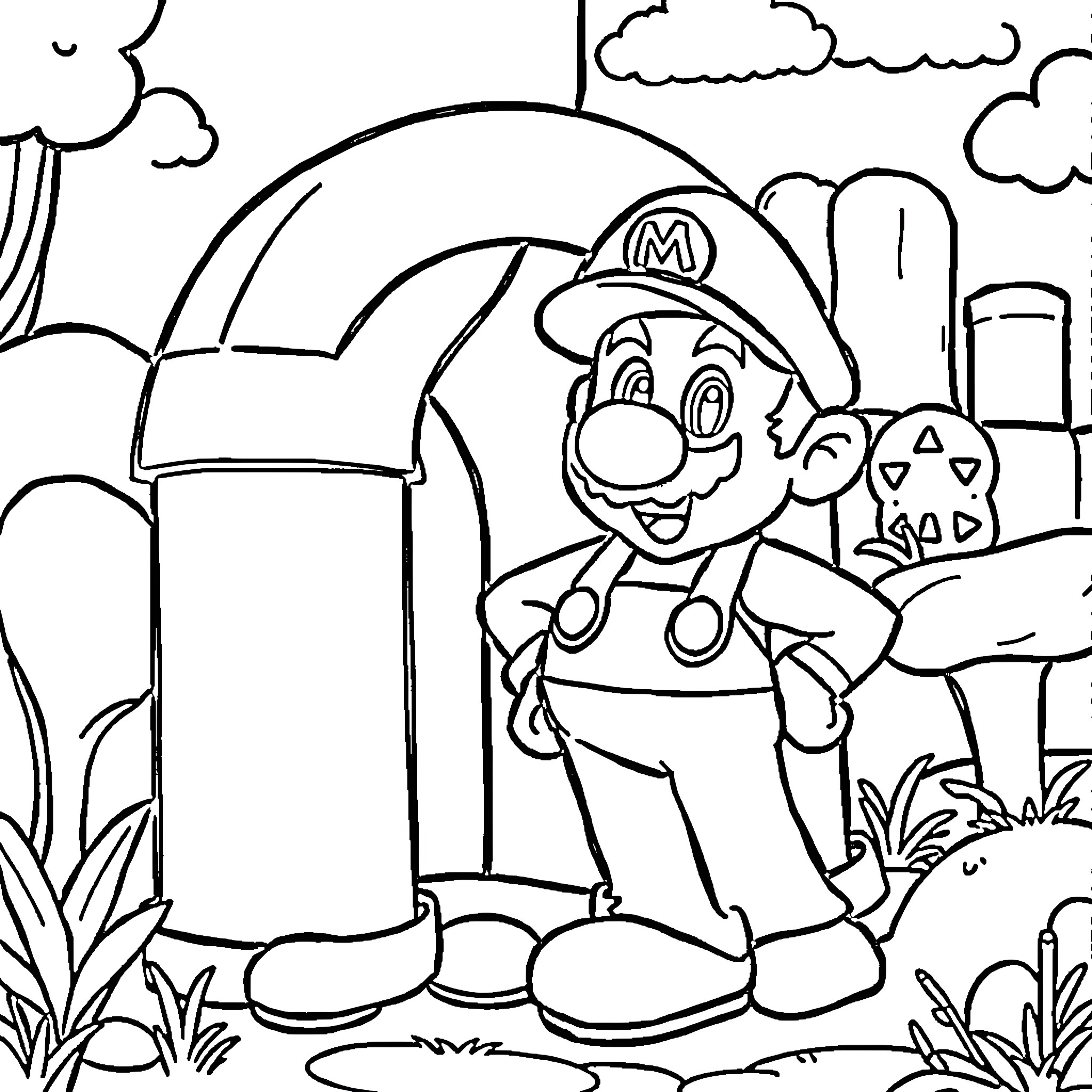 Mario exploring the outdoors with an umbrella Coloring Page (free black-and-white line drawing printable PDF for all, from beginners to advanced learners, including children, teens, adults, and seniors)