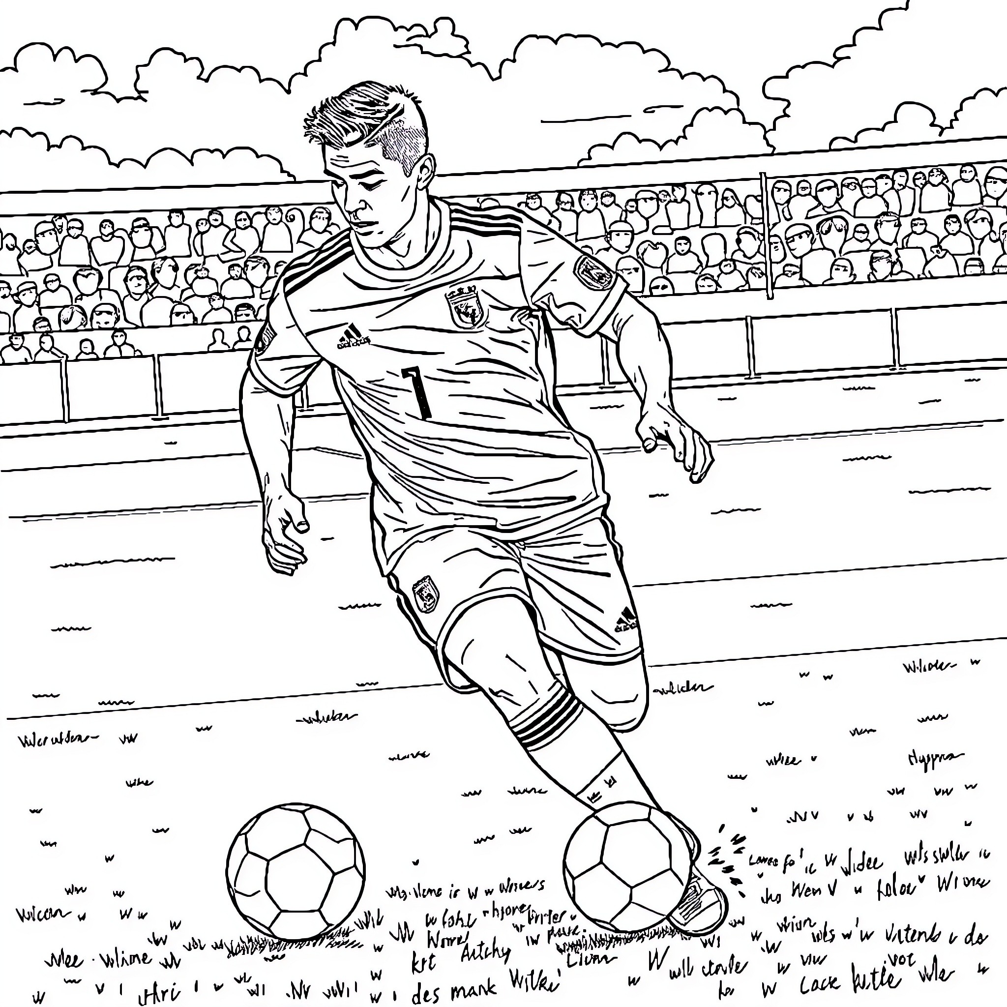 Ronaldo playing football on the field Coloring Page (free black-and-white line drawing printable PDF for all, from beginners to advanced learners, including children, teens, adults, and seniors)
