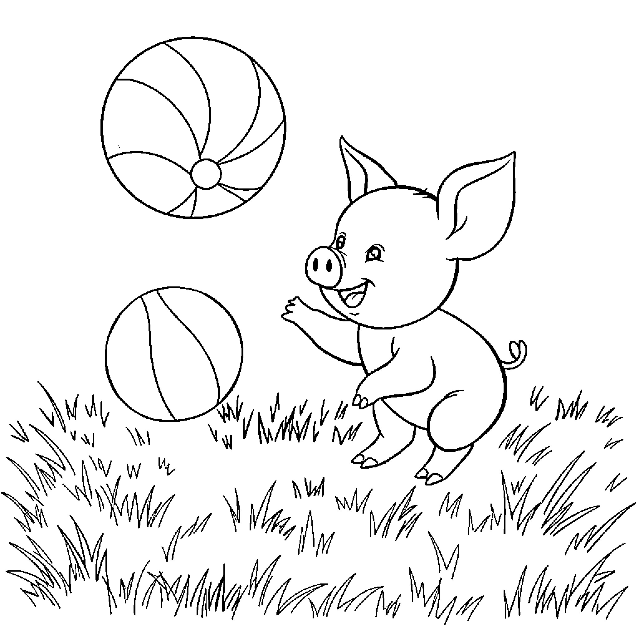 Piglet playing happily with beach balls in the meadow Coloring Page (free black-and-white line drawing printable PDF for all, from beginners to advanced learners, including children, teens, adults, and seniors)