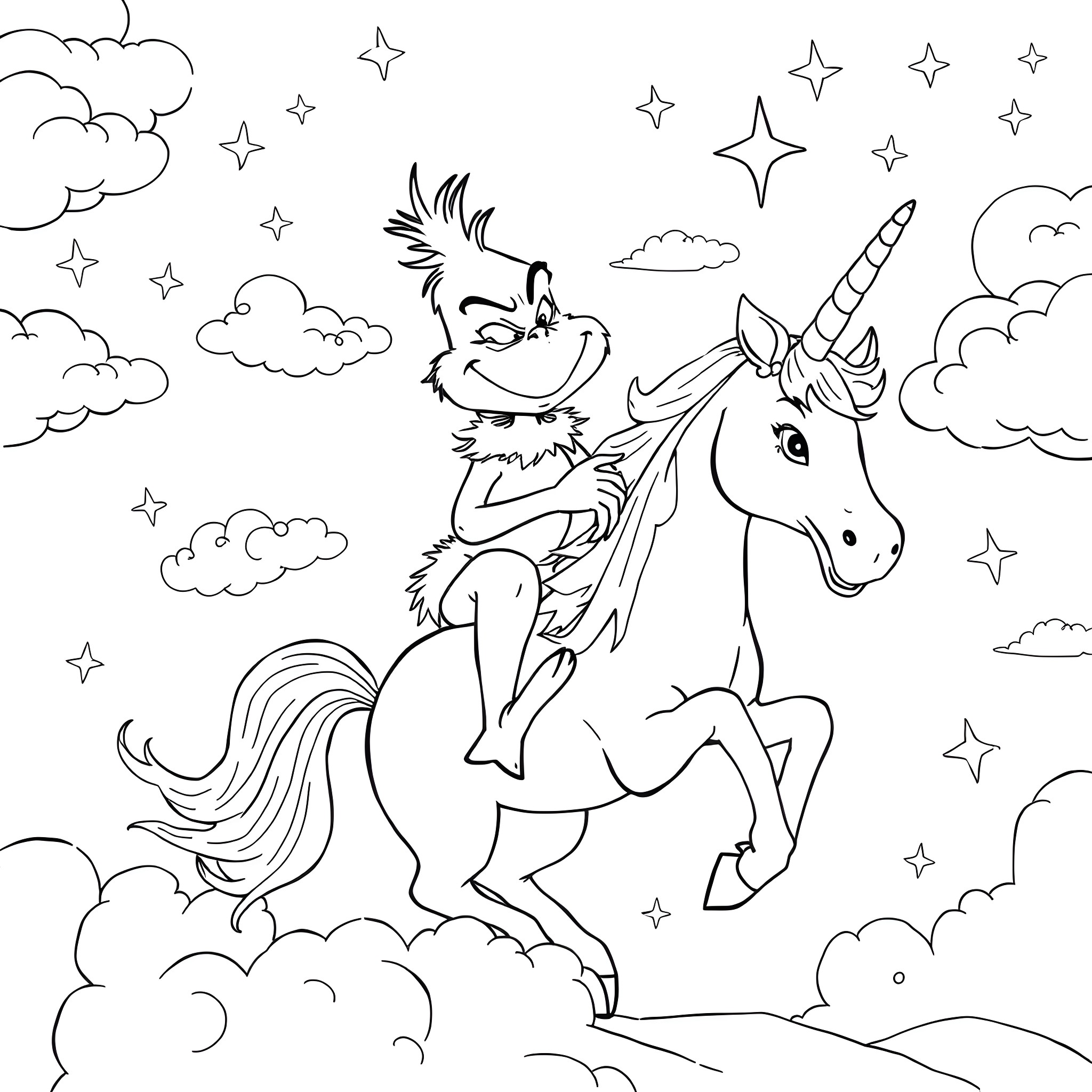 Grinch riding a magical unicorn in the starry sky Coloring Page (free black-and-white line drawing printable PDF for all, from beginners to advanced learners, including children, teens, adults, and seniors)