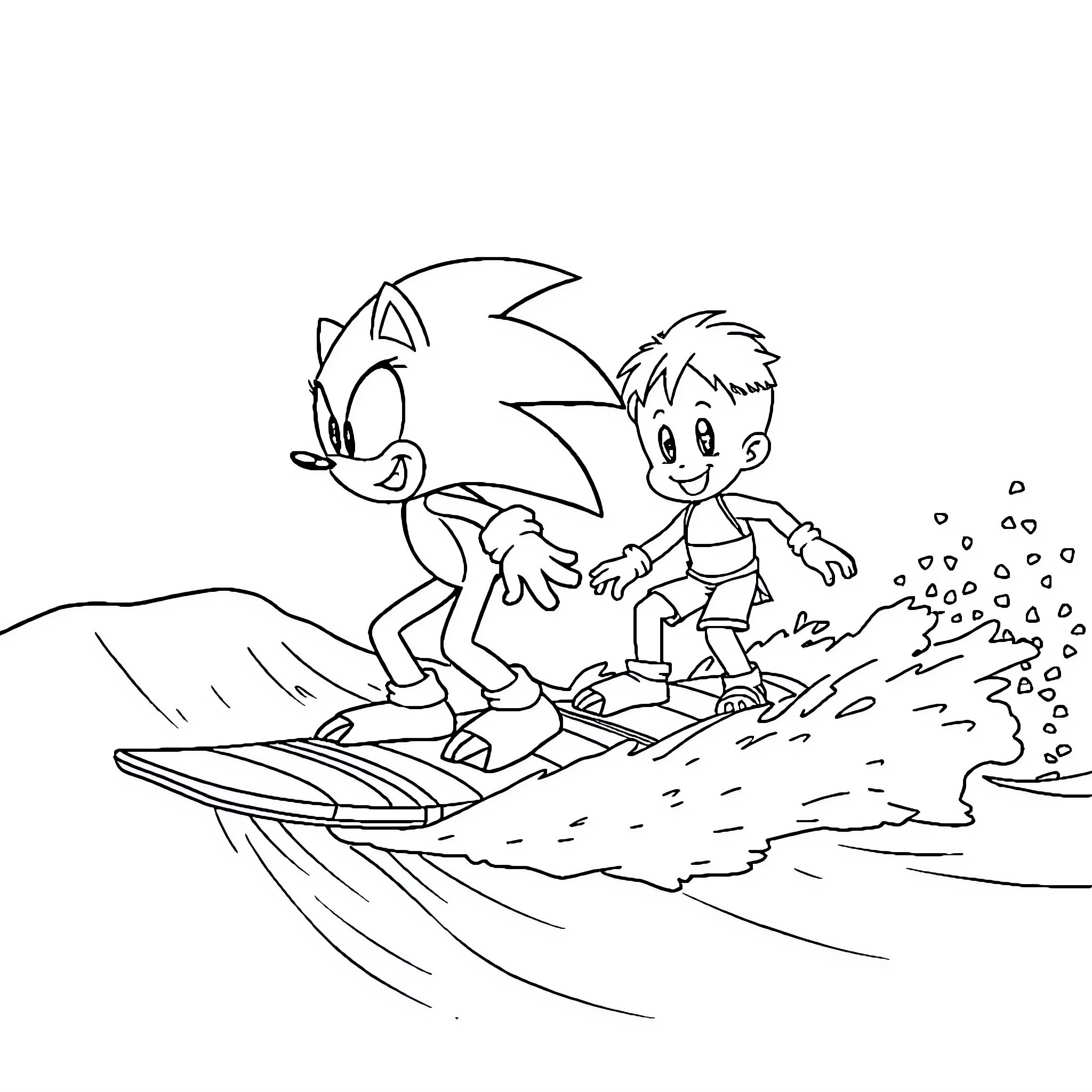 Sonic and boy having fun on the beach Coloring Page (free black-and-white line drawing printable PDF for all, from beginners to advanced learners, including children, teens, adults, and seniors)
