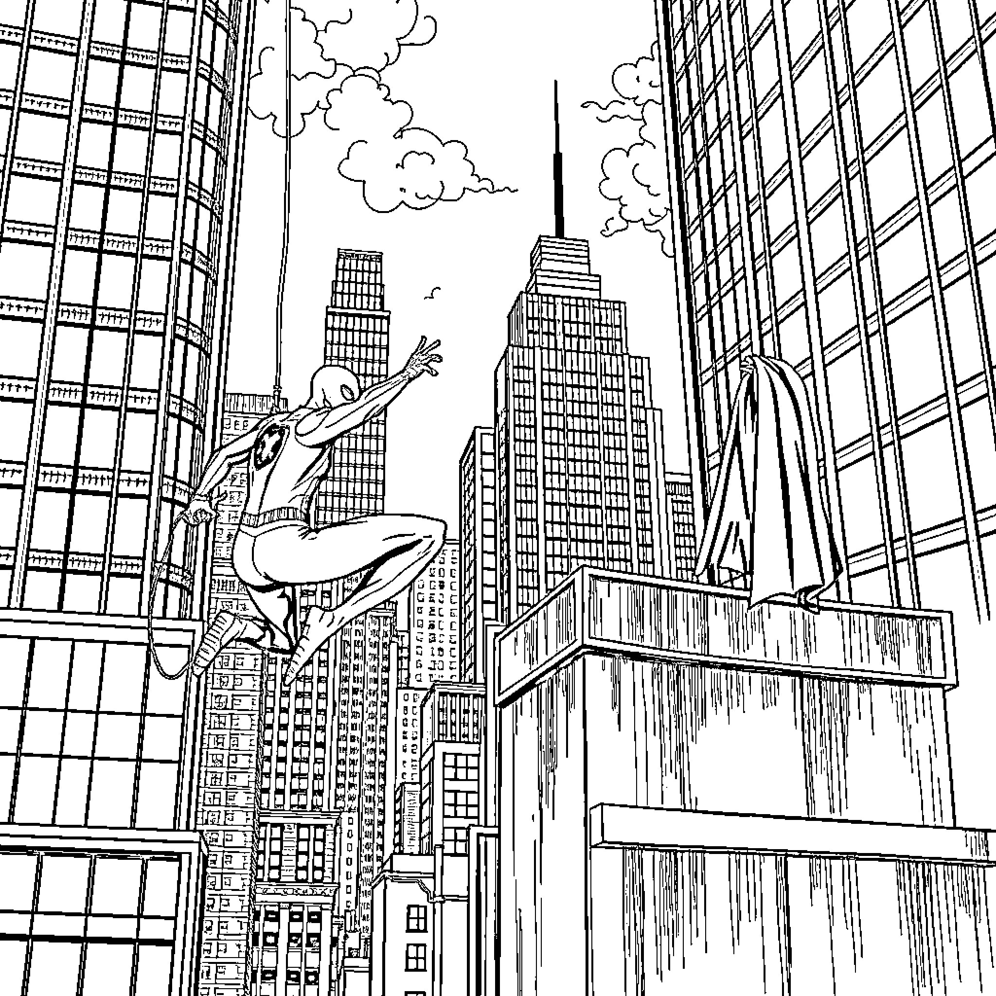 Spiderman swinging through the city skyline Coloring Page (free black-and-white line drawing printable PDF for all, from beginners to advanced learners, including children, teens, adults, and seniors)