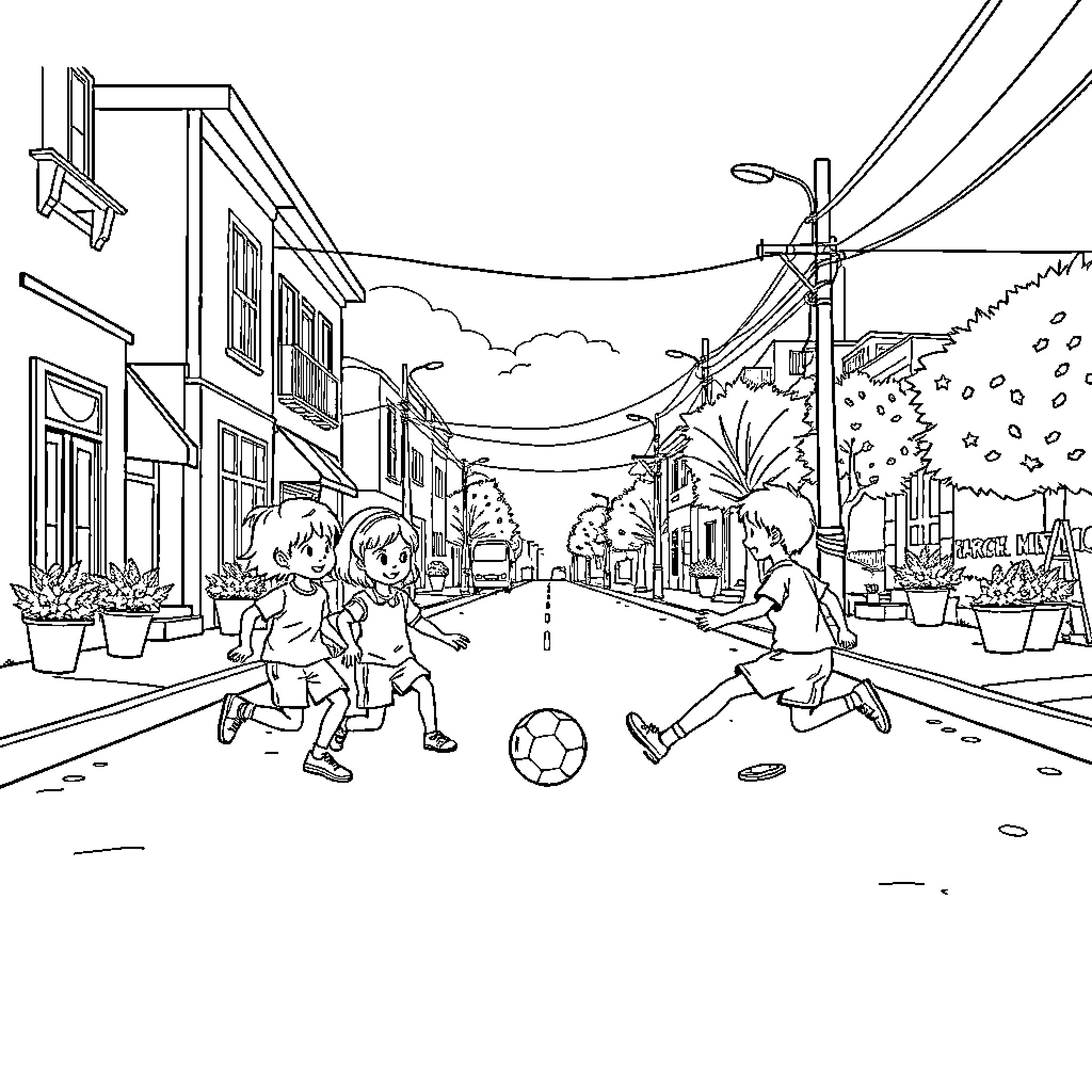 Kid playing soccer on the street with friends Coloring Page (free black-and-white line drawing printable PDF for all, from beginners to advanced learners, including children, teens, adults, and seniors)